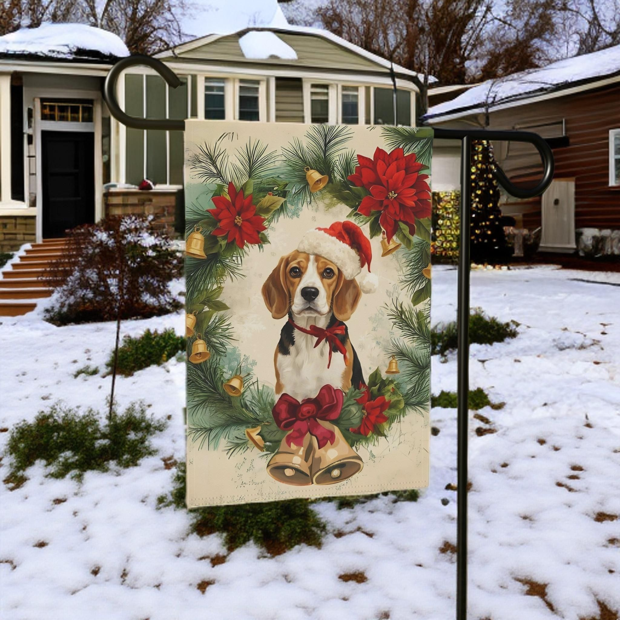 Poinsettia Beagle Christmas Garden Flag - size comparison - Dragonfire Gardens
