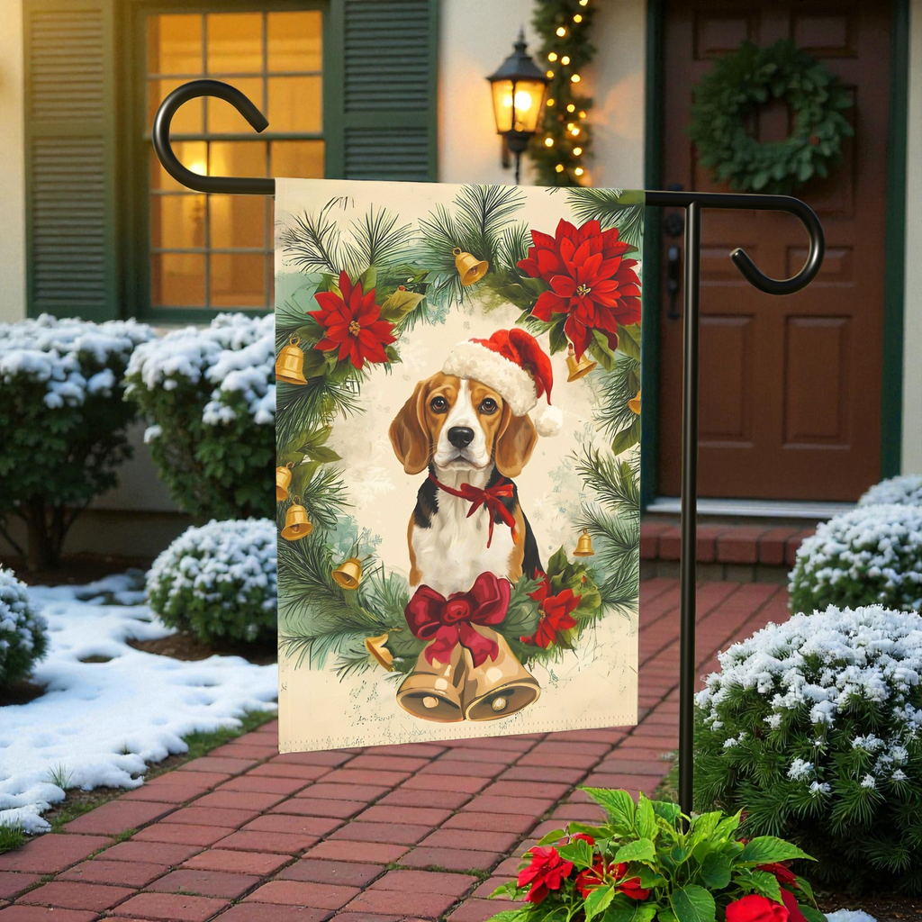 Poinsettia Beagle Christmas Garden Flag - front view - Dragonfire Gardens