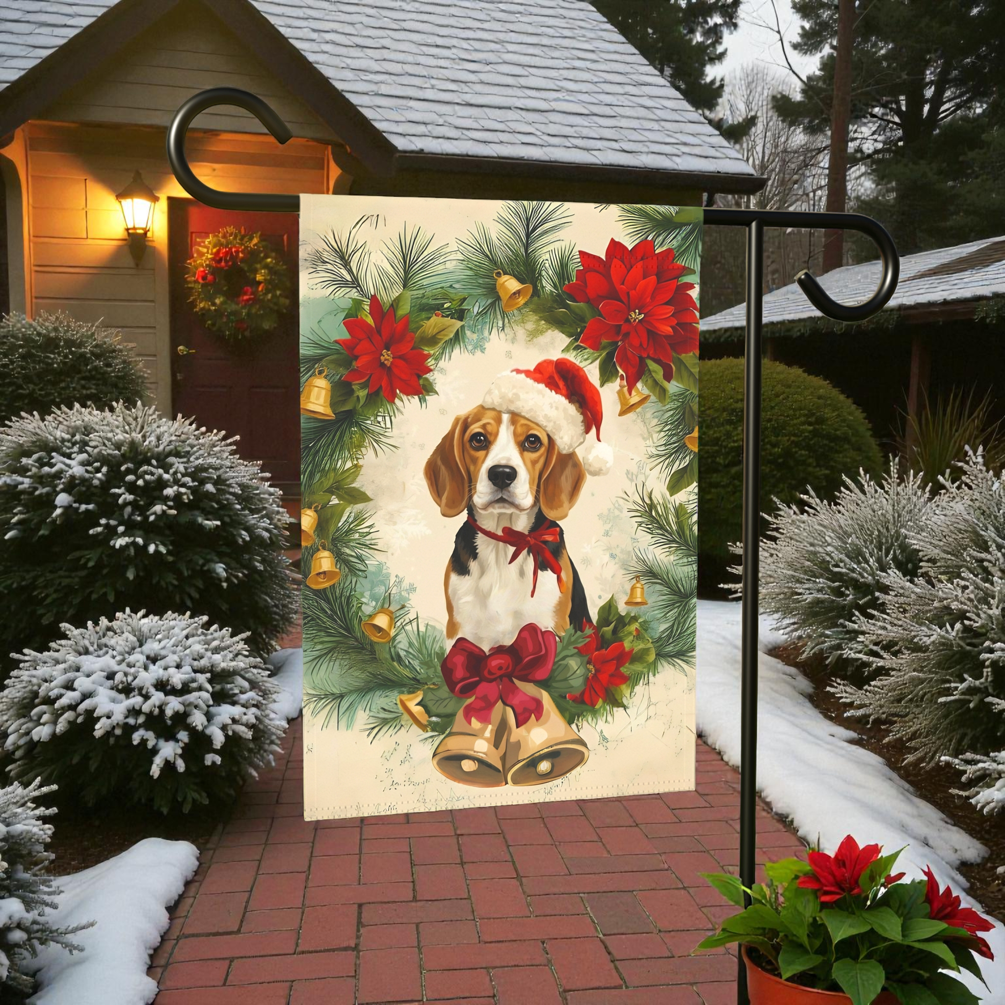 Poinsettia Beagle Christmas Garden Flag - lifestyle display - Dragonfire Gardens