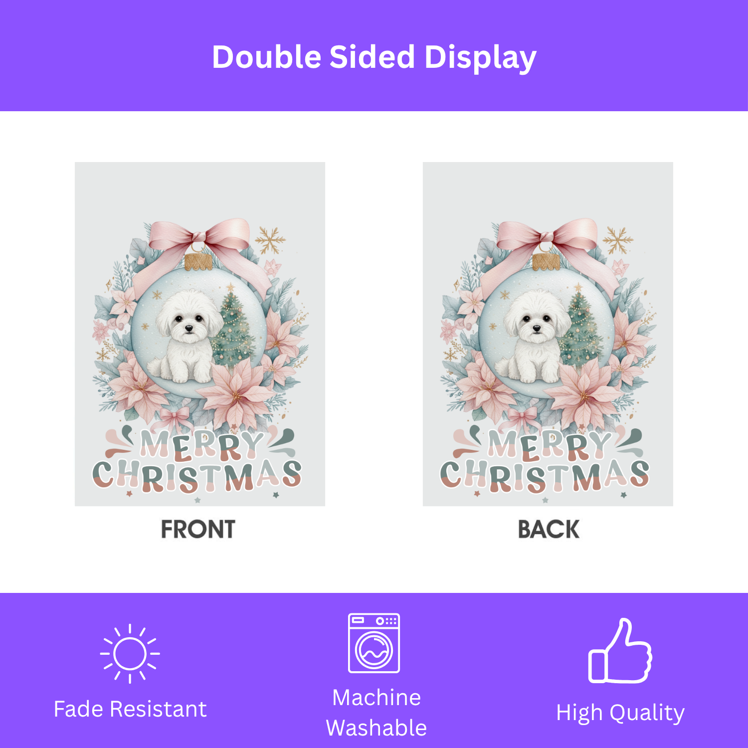 Merry Christmas Bichon Frise Ornament Garden Flag - double-sided design - Dragonfire Gardens