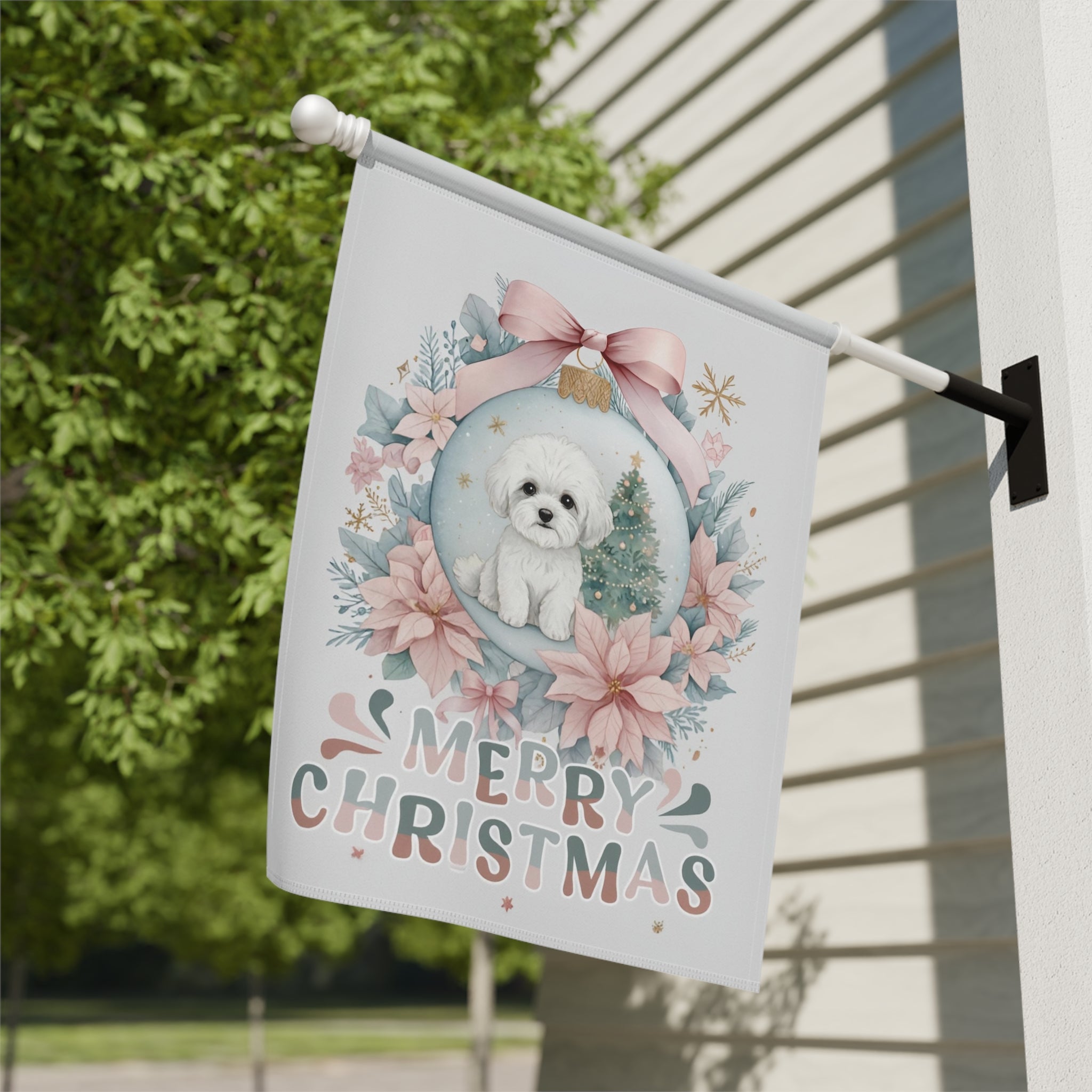 Merry Christmas Bichon Frise Ornament Garden Flag - close-up detail - Dragonfire Gardens