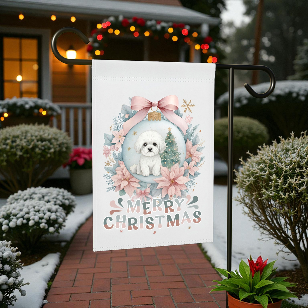 Merry Christmas Bichon Frise Ornament Garden Flag - size comparison - Dragonfire Gardens