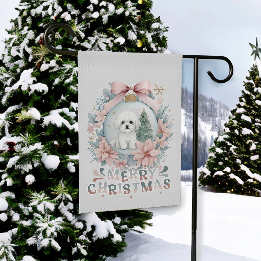 Merry Christmas Bichon Frise Ornament Garden Flag - front view - Dragonfire Gardens