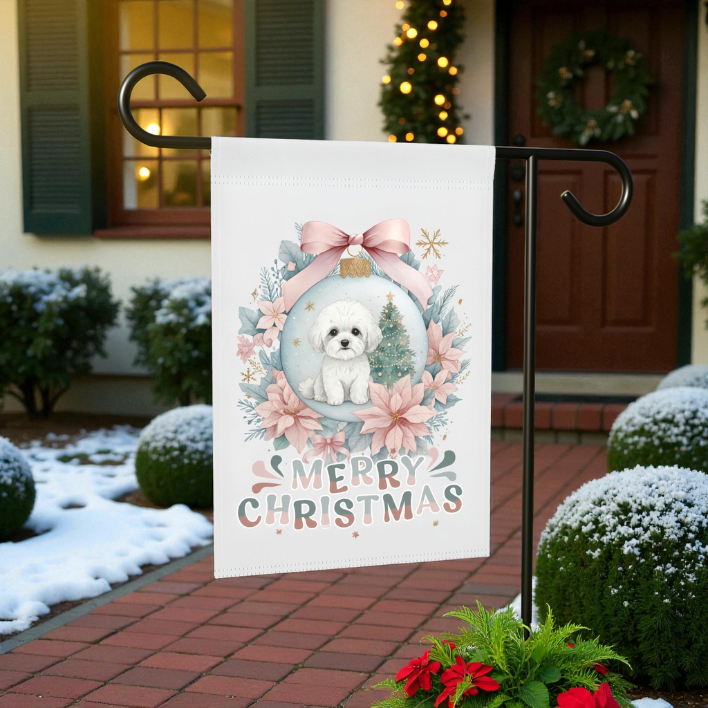 Merry Christmas Bichon Frise Ornament Garden Flag - lifestyle display - Dragonfire Gardens