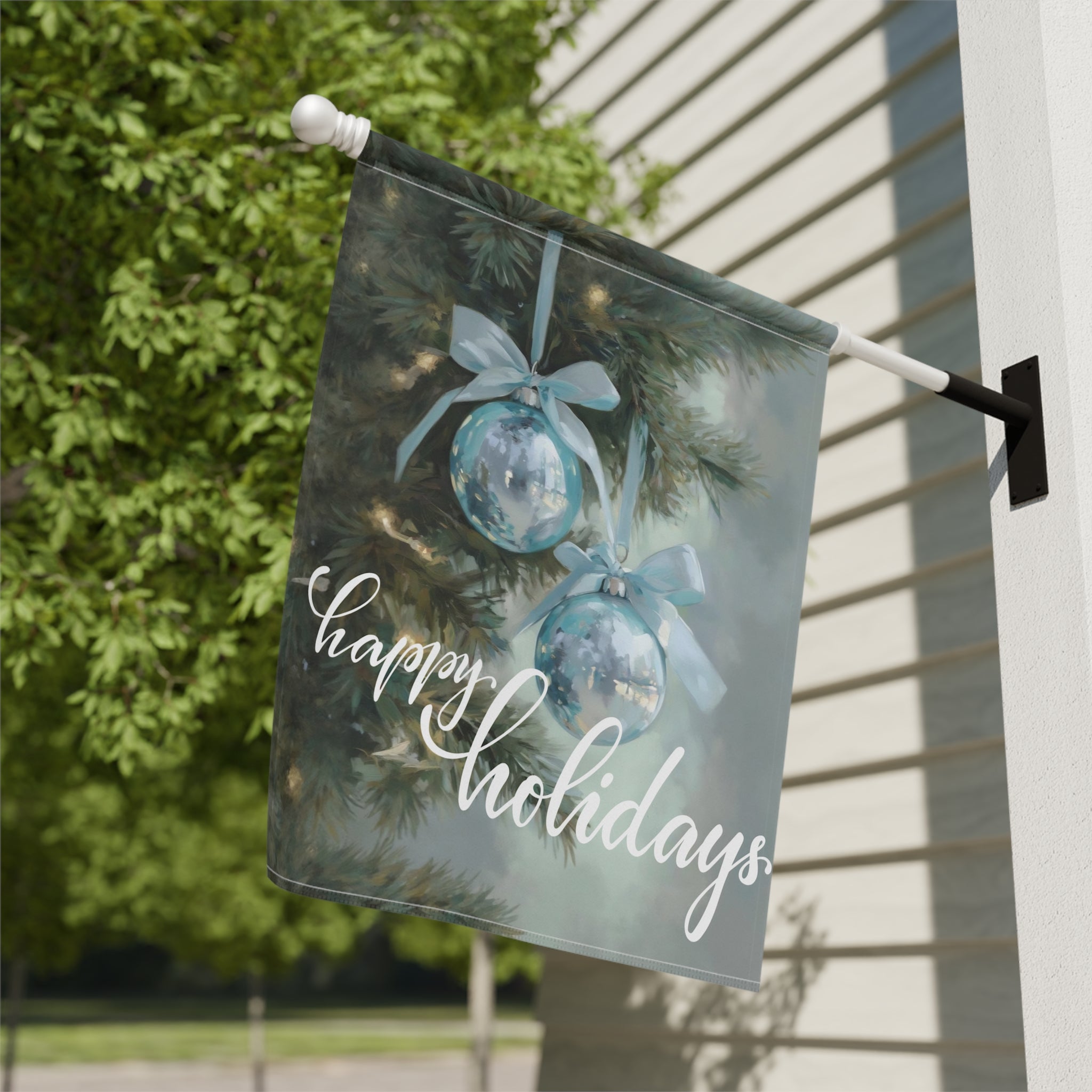 Happy Holidays Blue Ornament Garden Flag - close-up detail - Dragonfire Gardens