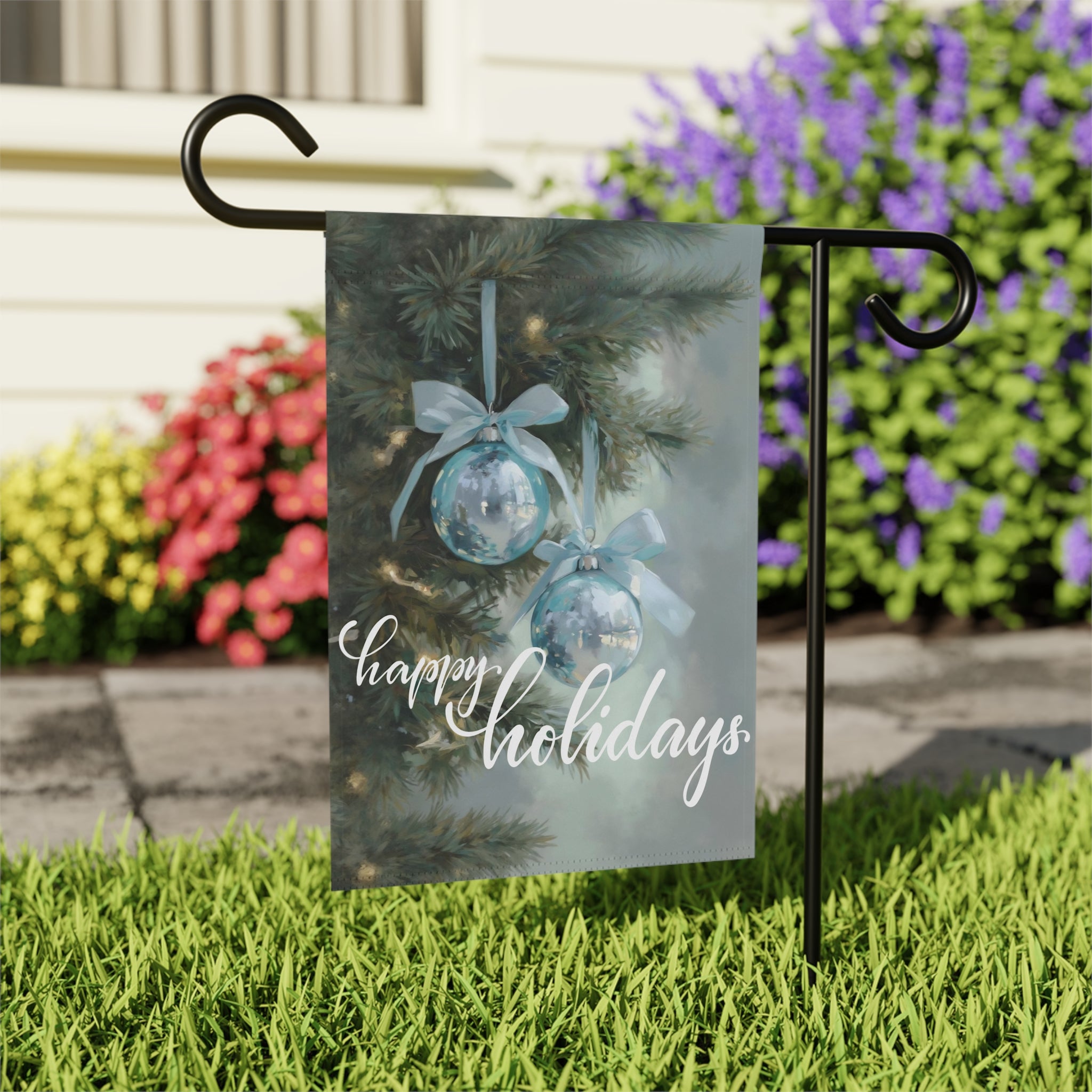 Happy Holidays Blue Ornament Garden Flag