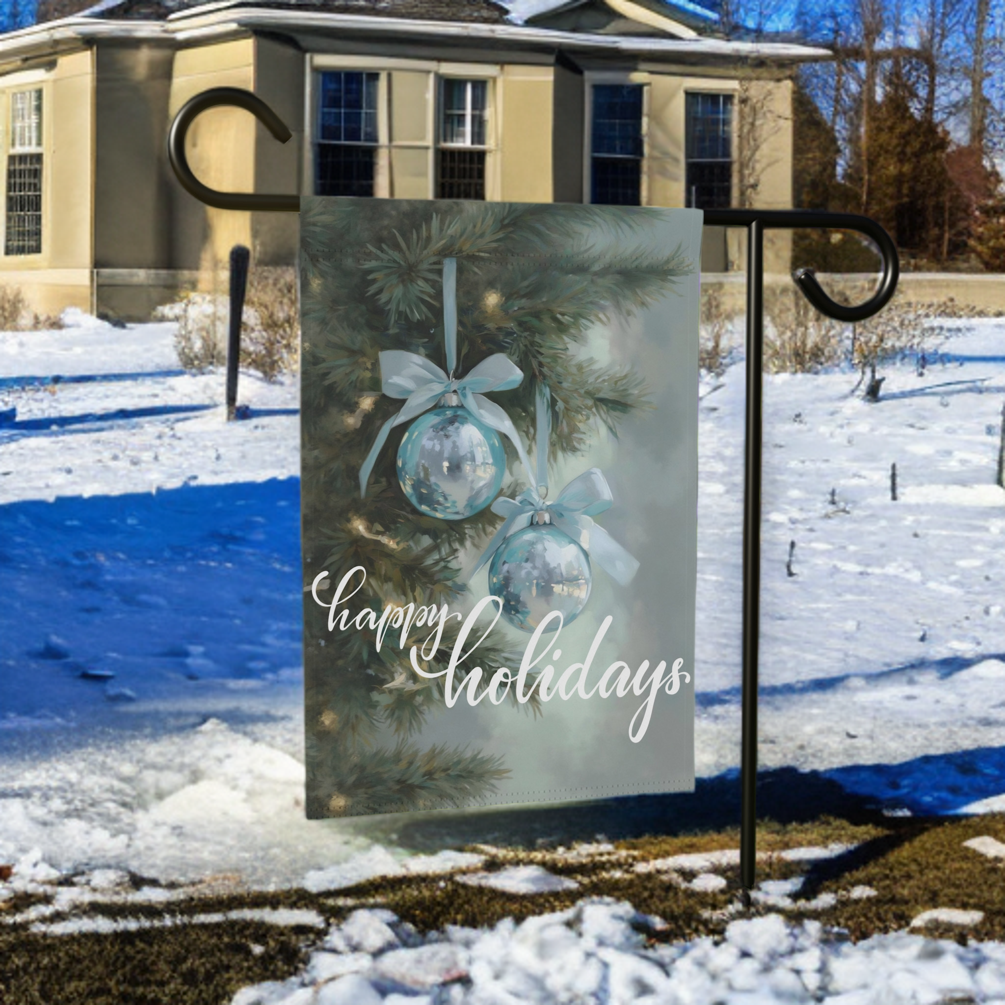 Happy Holidays Blue Ornament Garden Flag