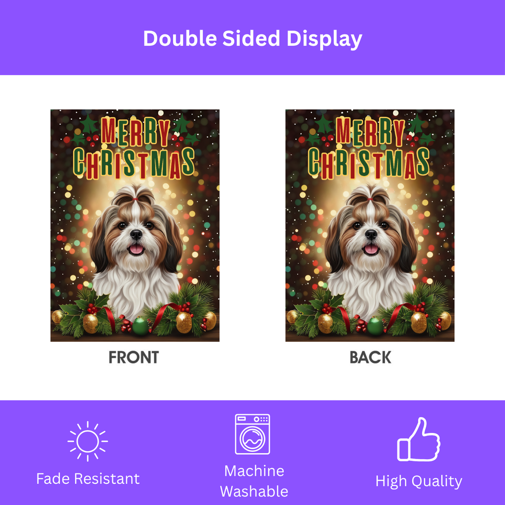 Merry Christmas Shih Tzu Garden Flag - double-sided design - Dragonfire Gardens