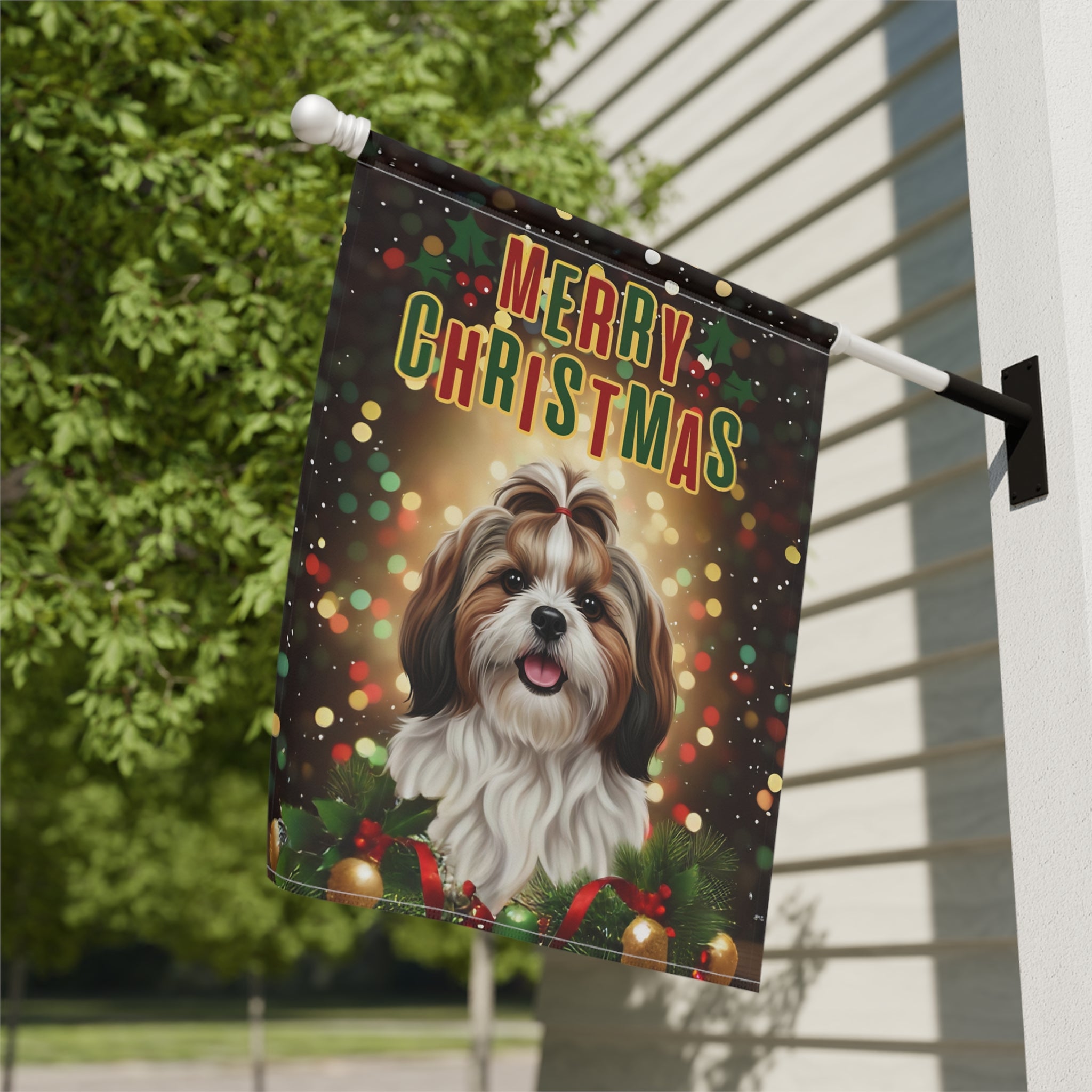 Merry Christmas Shih Tzu Garden Flag - close-up detail - Dragonfire Gardens