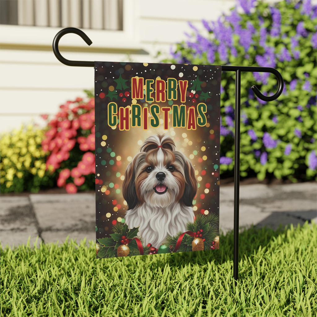 Merry Christmas Shih Tzu Garden Flag - outdoor display - Dragonfire Gardens