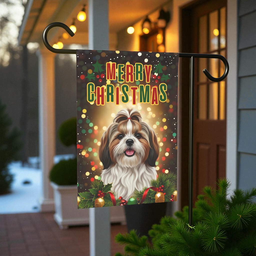 Merry Christmas Shih Tzu Garden Flag - lifestyle display - Dragonfire Gardens