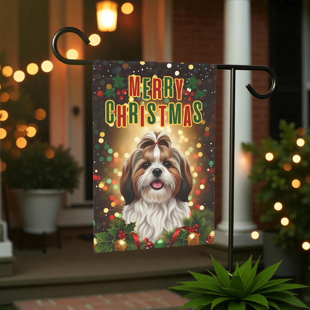Merry Christmas Shih Tzu Garden Flag - front view - Dragonfire Gardens