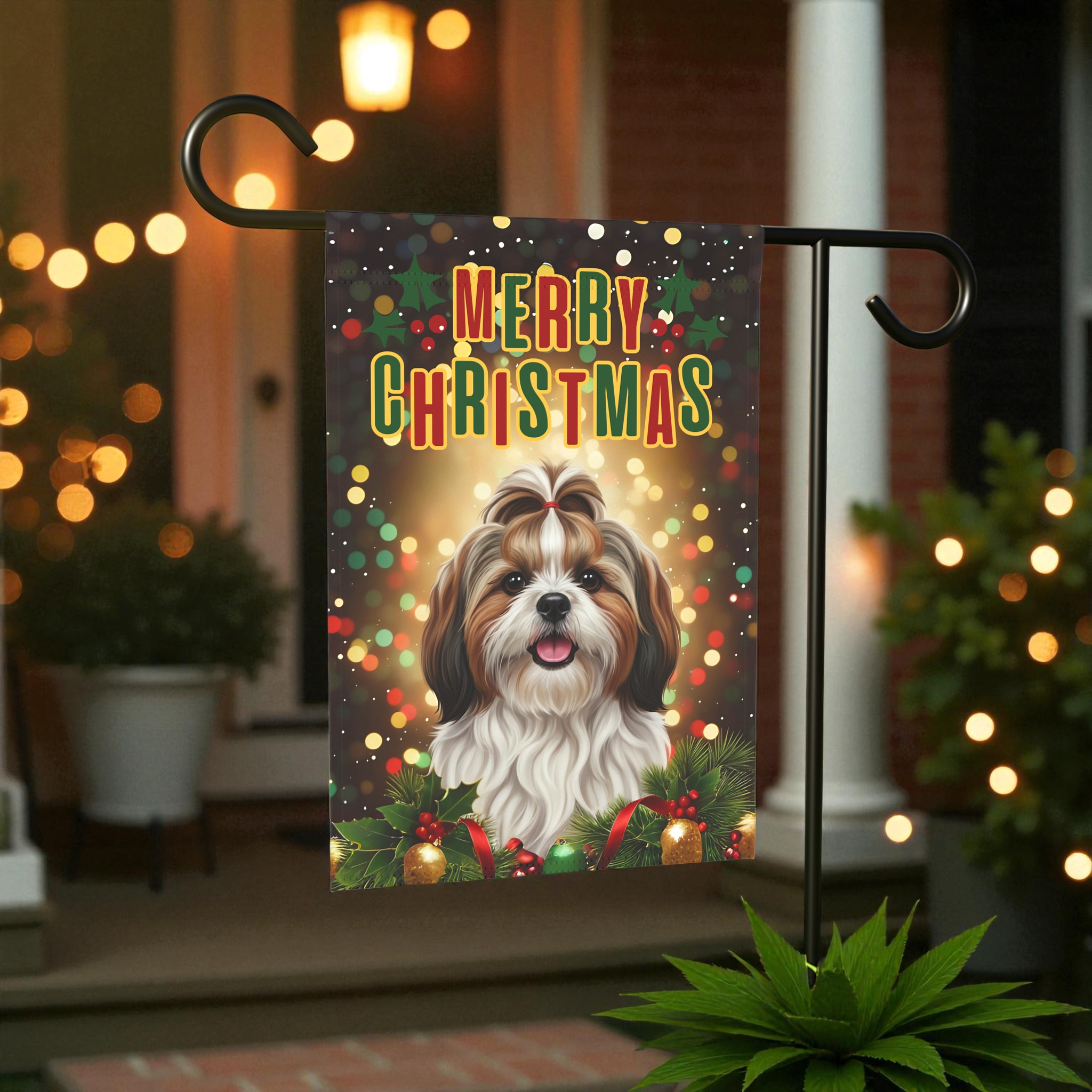 Merry Christmas Shih Tzu Garden Flag - front view - Dragonfire Gardens