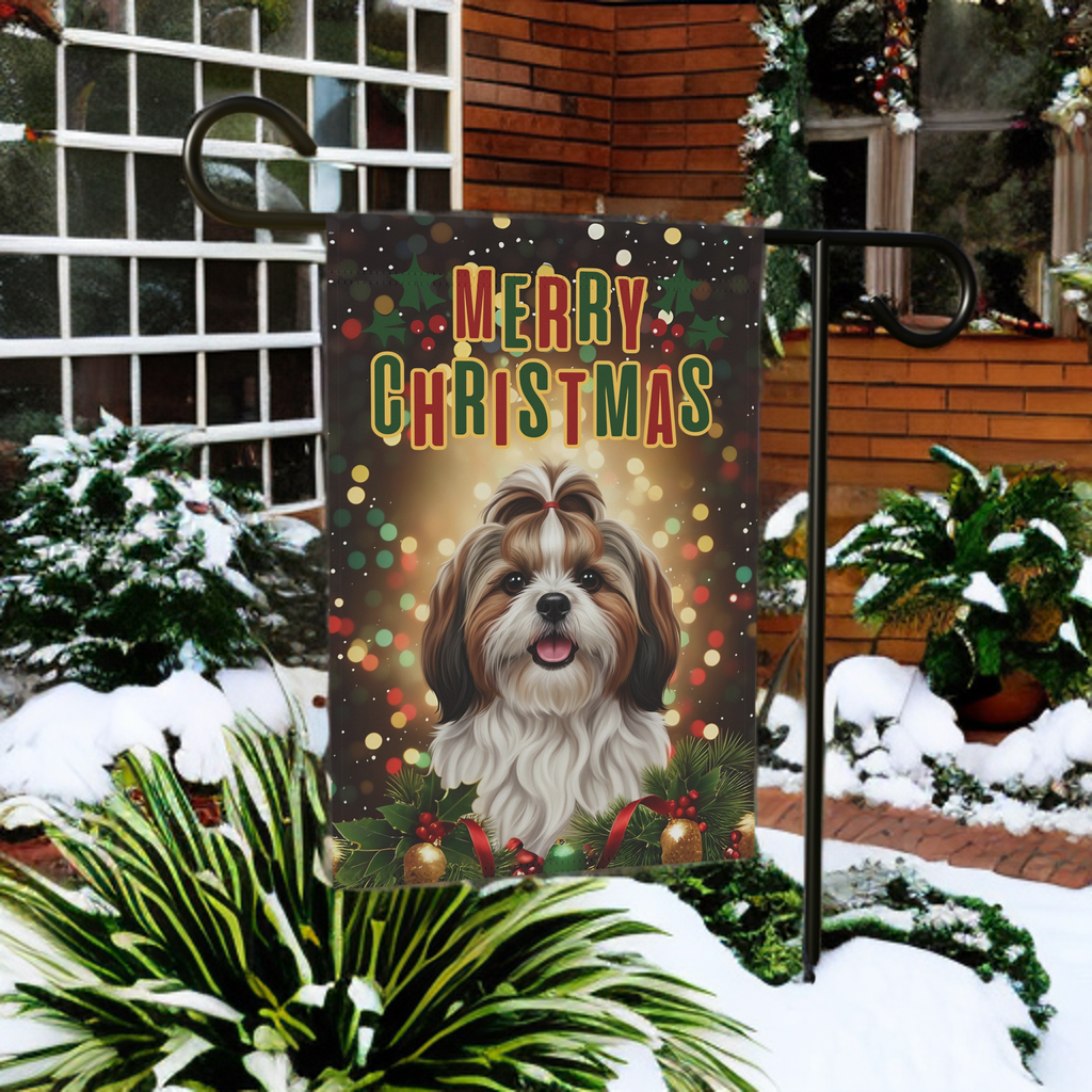 Merry Christmas Shih Tzu Garden Flag - size comparison - Dragonfire Gardens