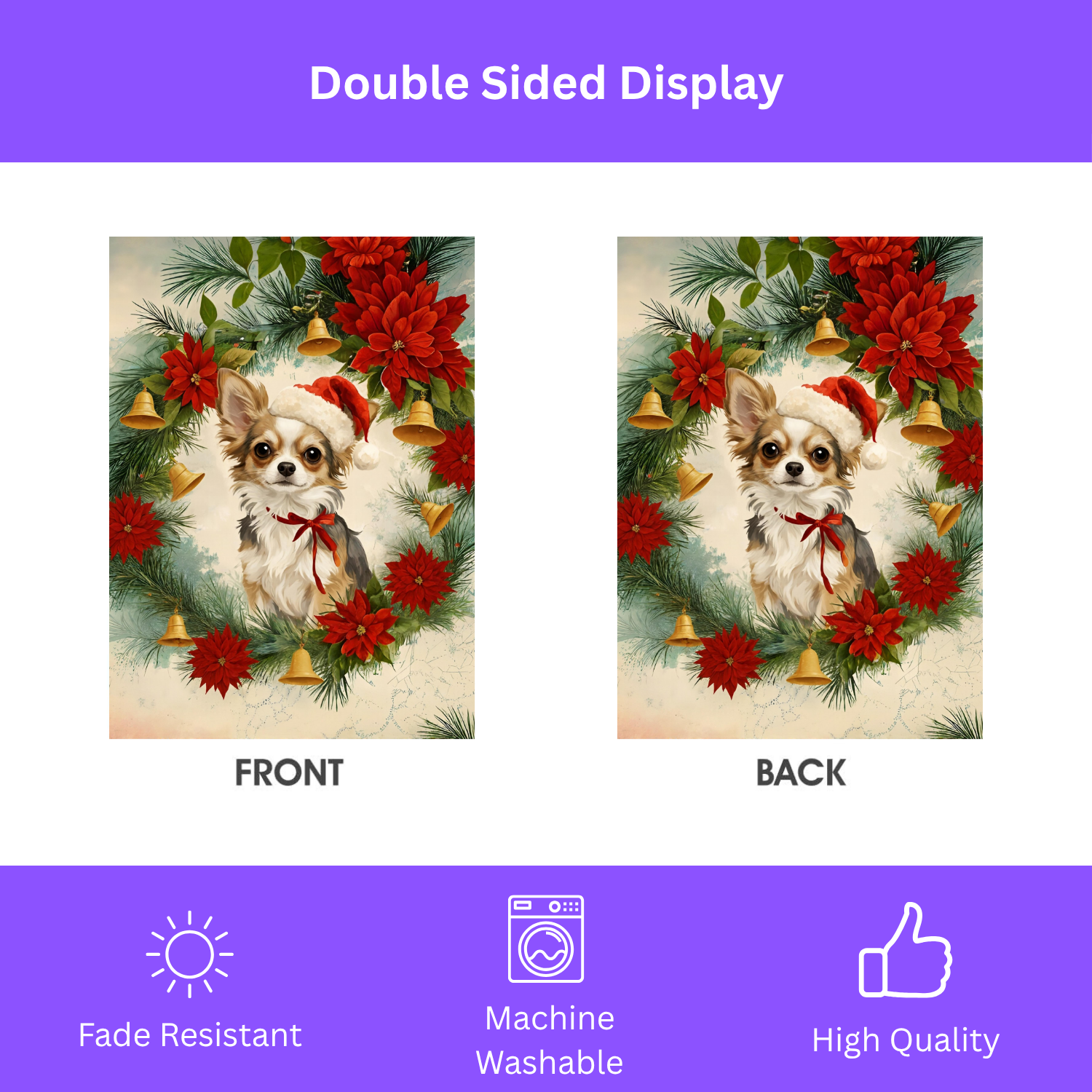 Chihuahua and Poinsettia Wreath Christmas Garden Flag - double-sided design - Dragonfire Gardens
