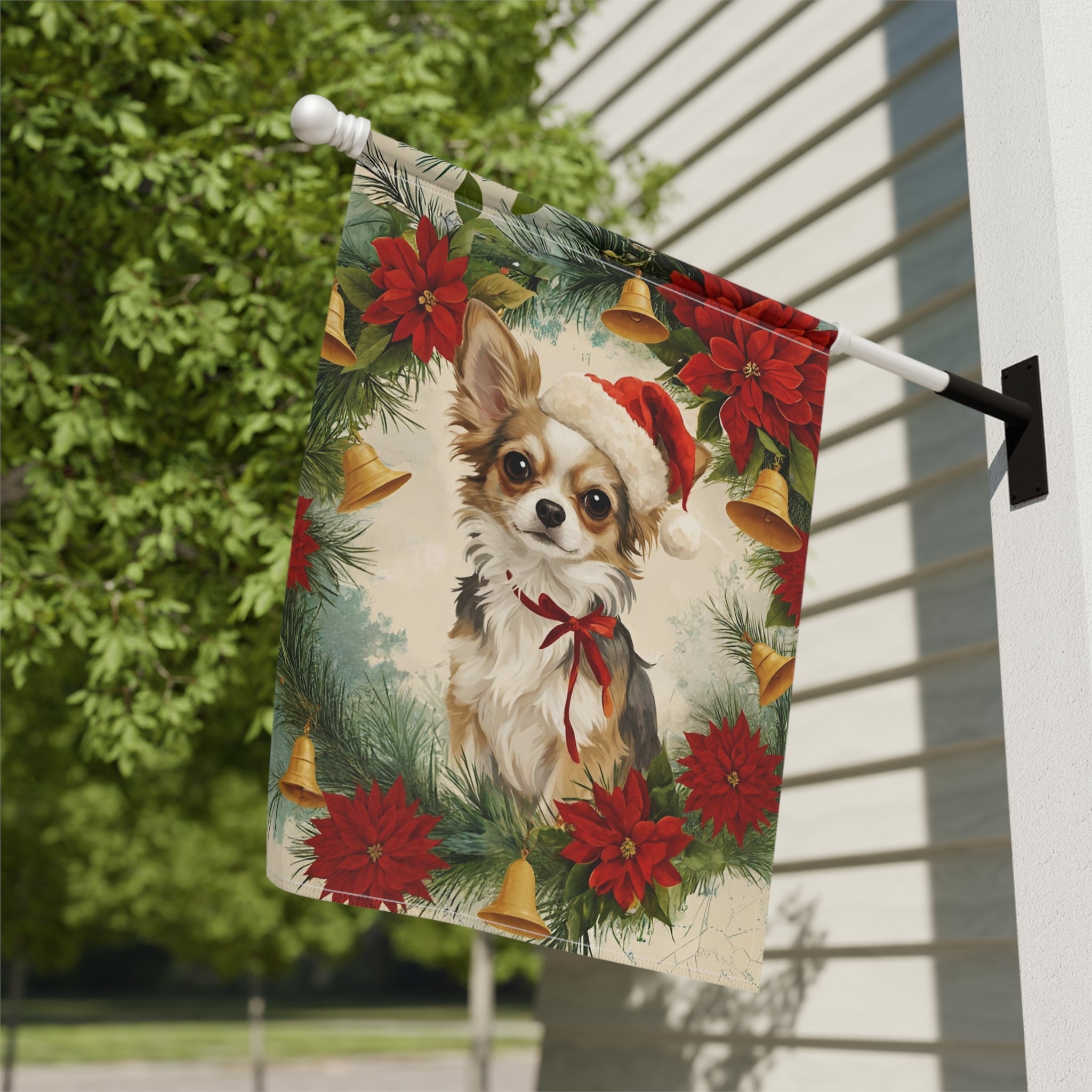 Chihuahua and Poinsettia Wreath Christmas Garden Flag - close-up detail - Dragonfire Gardens