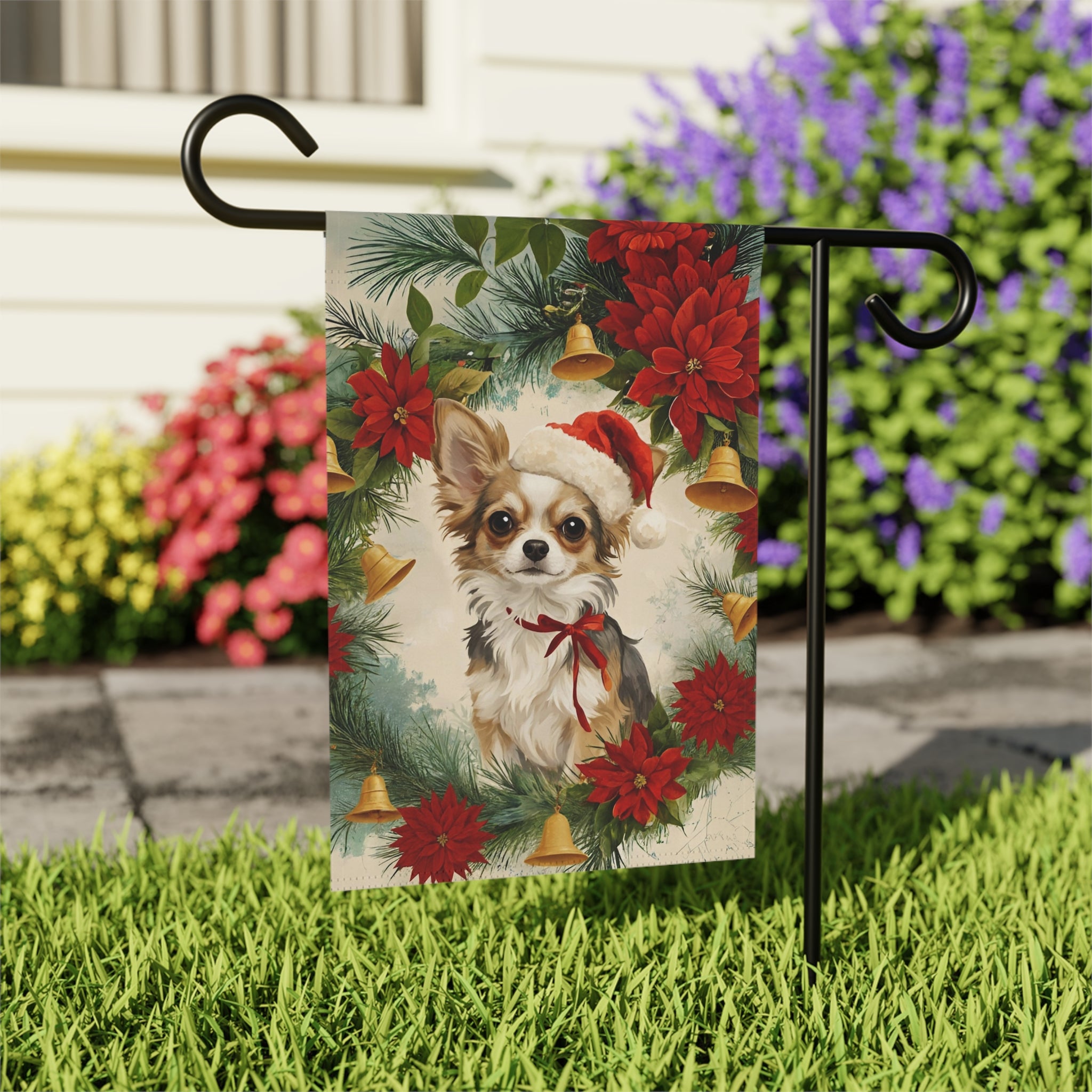 Chihuahua and Poinsettia Wreath Christmas Garden Flag - outdoor display - Dragonfire Gardens