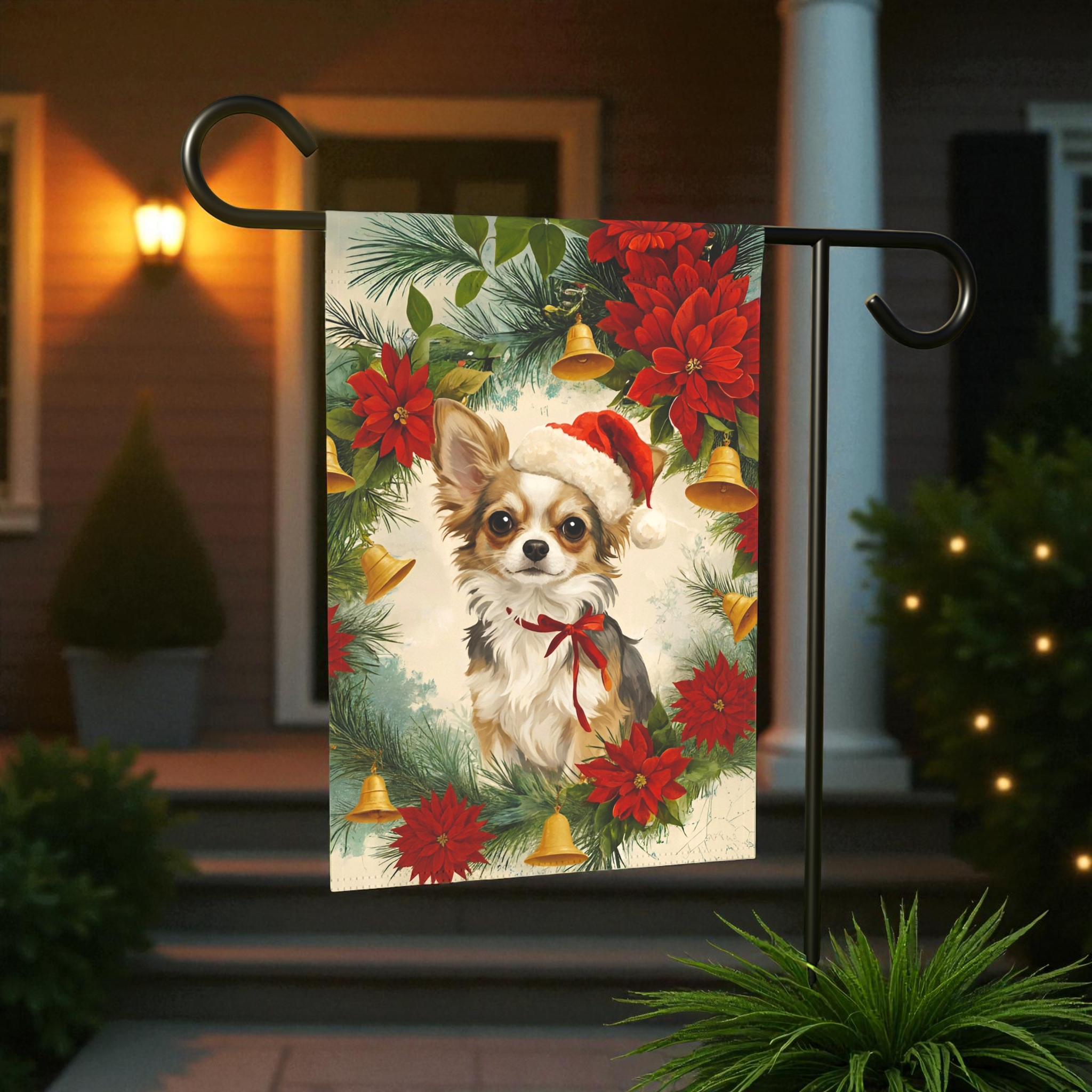 Chihuahua and Poinsettia Wreath Christmas Garden Flag - front view - Dragonfire Gardens