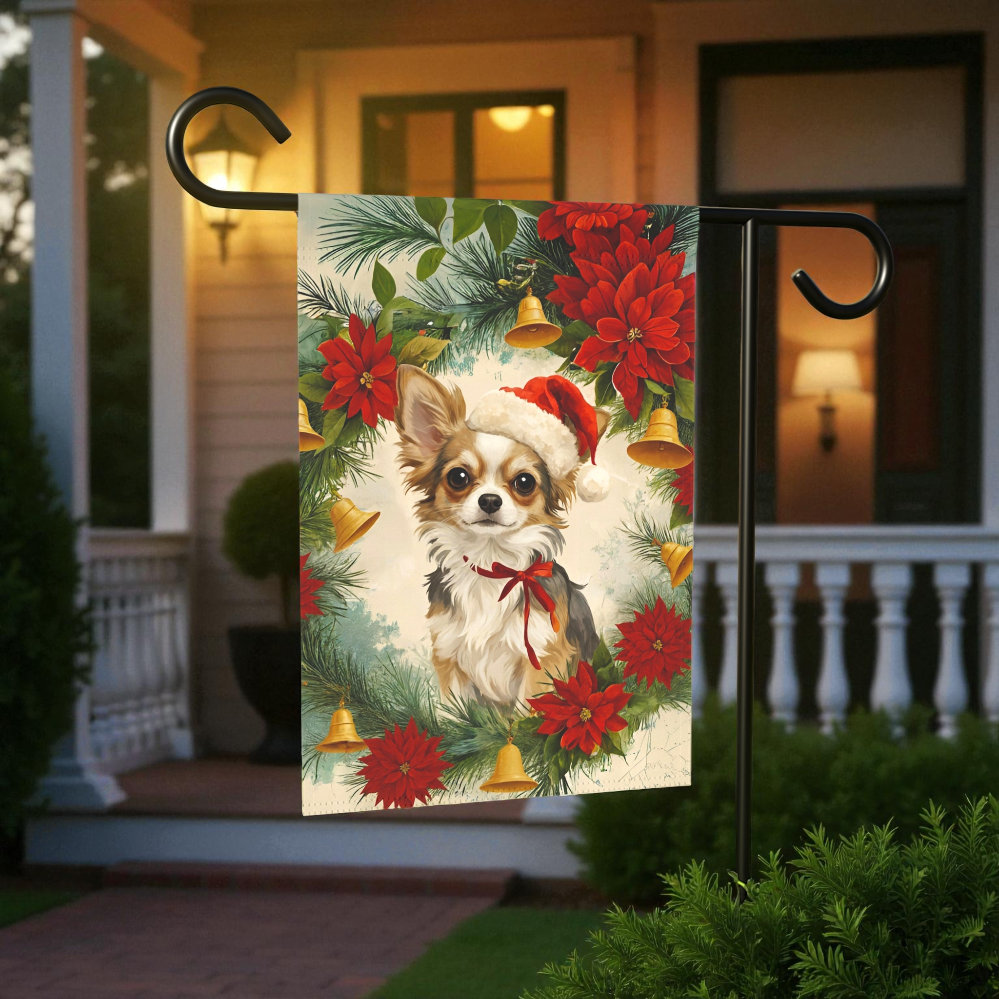 Chihuahua and Poinsettia Wreath Christmas Garden Flag - lifestyle display - Dragonfire Gardens