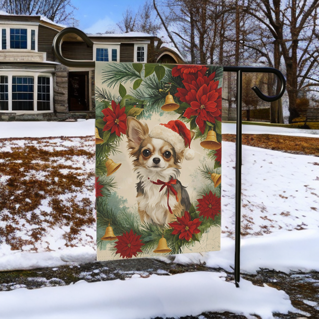 Chihuahua and Poinsettia Wreath Christmas Garden Flag - size comparison - Dragonfire Gardens