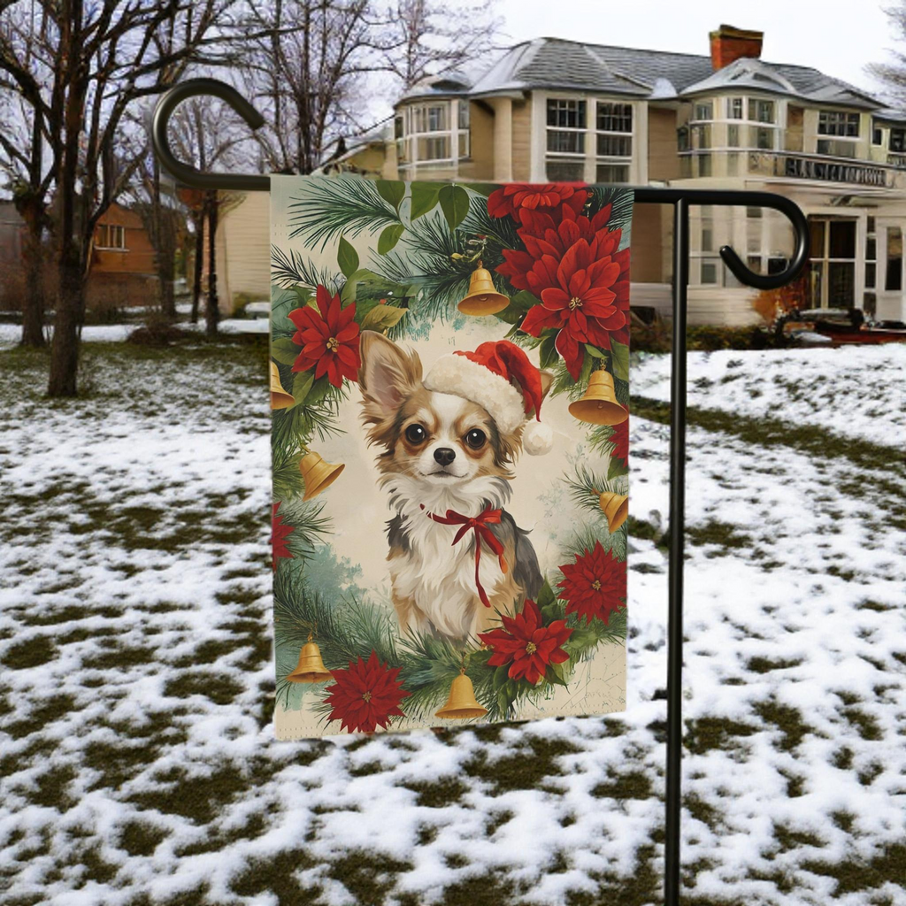 Chihuahua and Poinsettia Wreath Christmas Garden Flag - product detail - Dragonfire Gardens