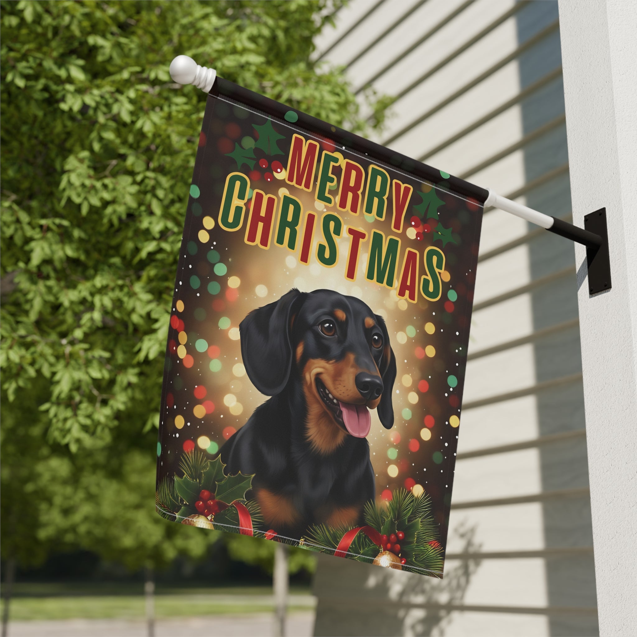 Christmas Dachshund Garden Flag - close-up detail - Dragonfire Gardens