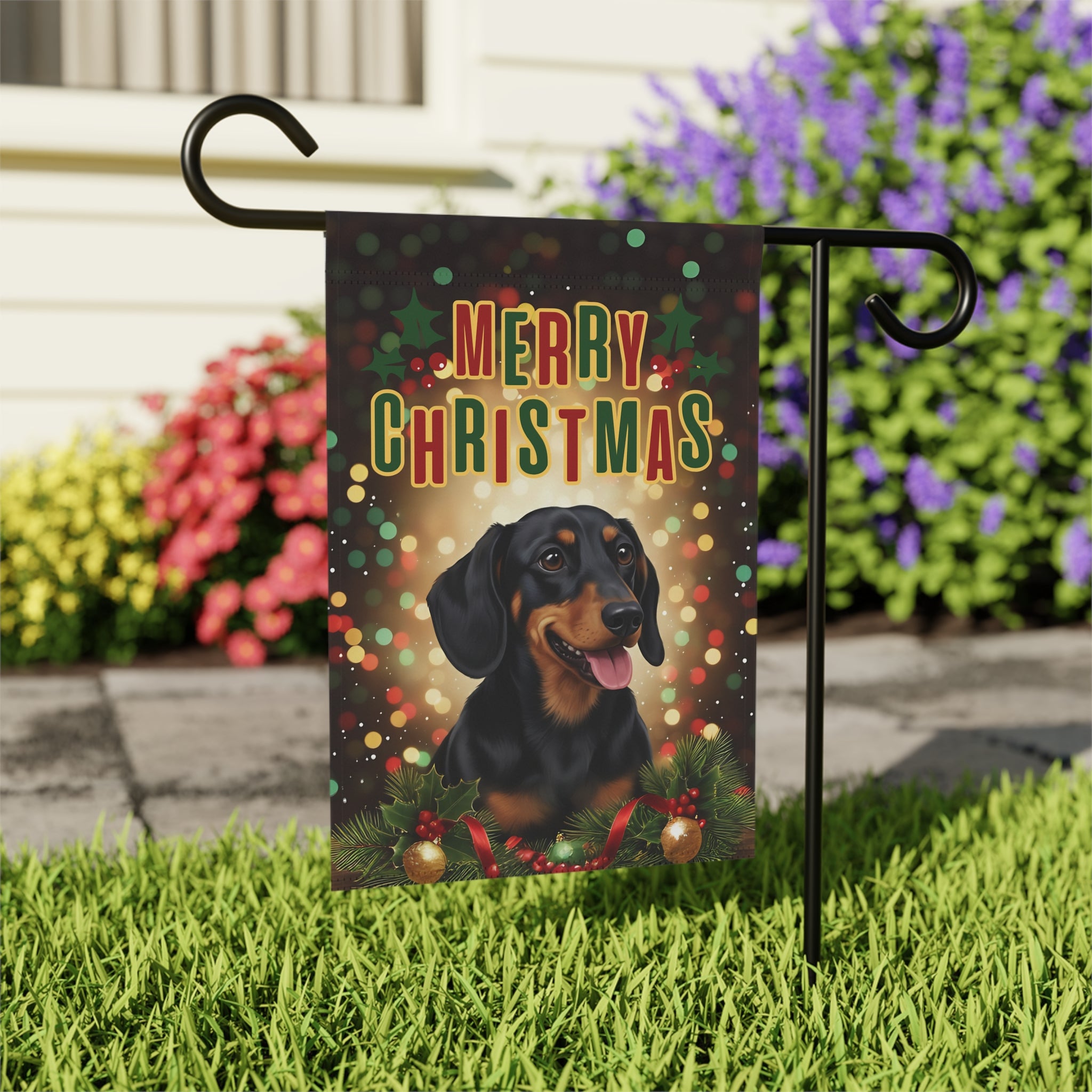 Christmas Dachshund Garden Flag - outdoor display - Dragonfire Gardens