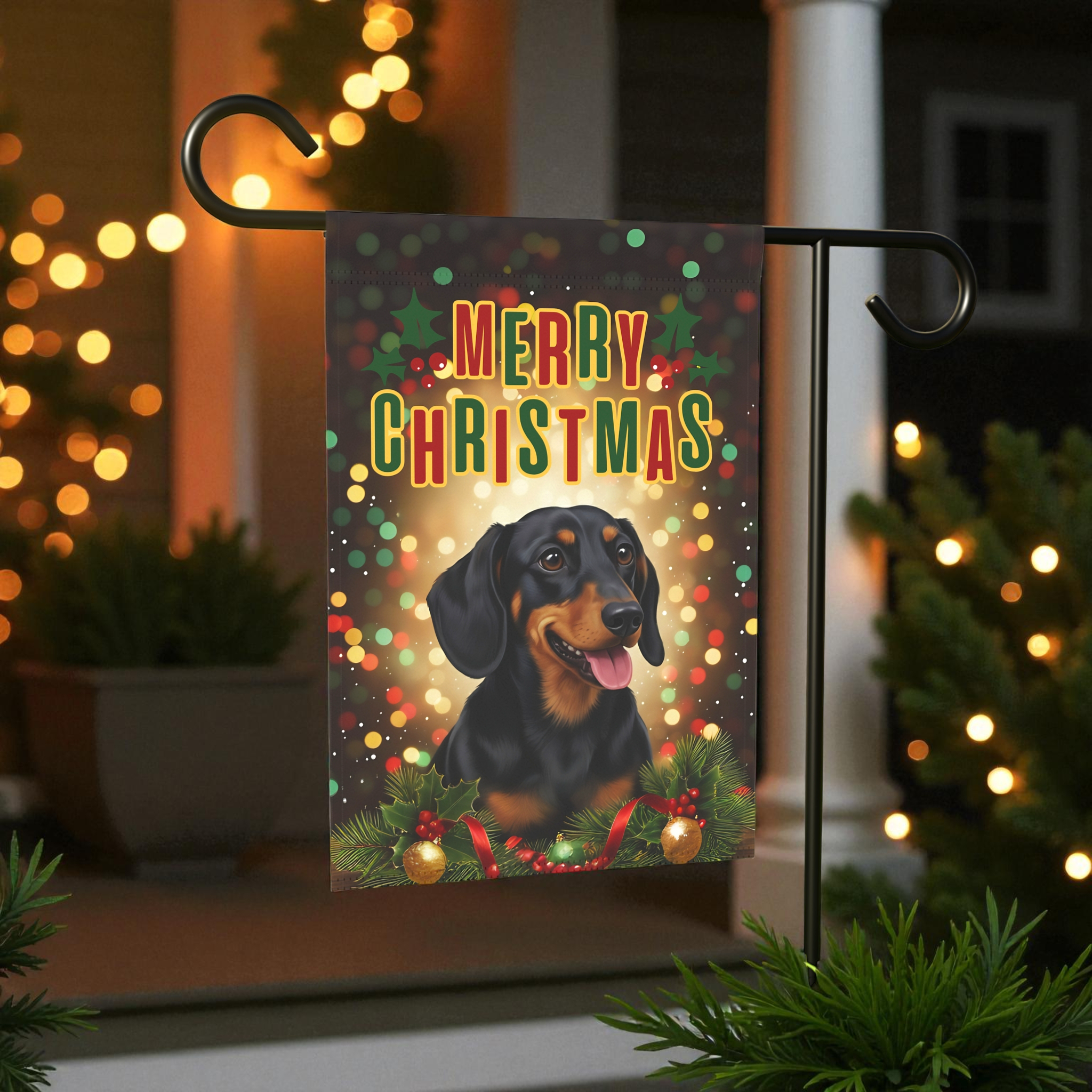 Christmas Dachshund Garden Flag - lifestyle display - Dragonfire Gardens
