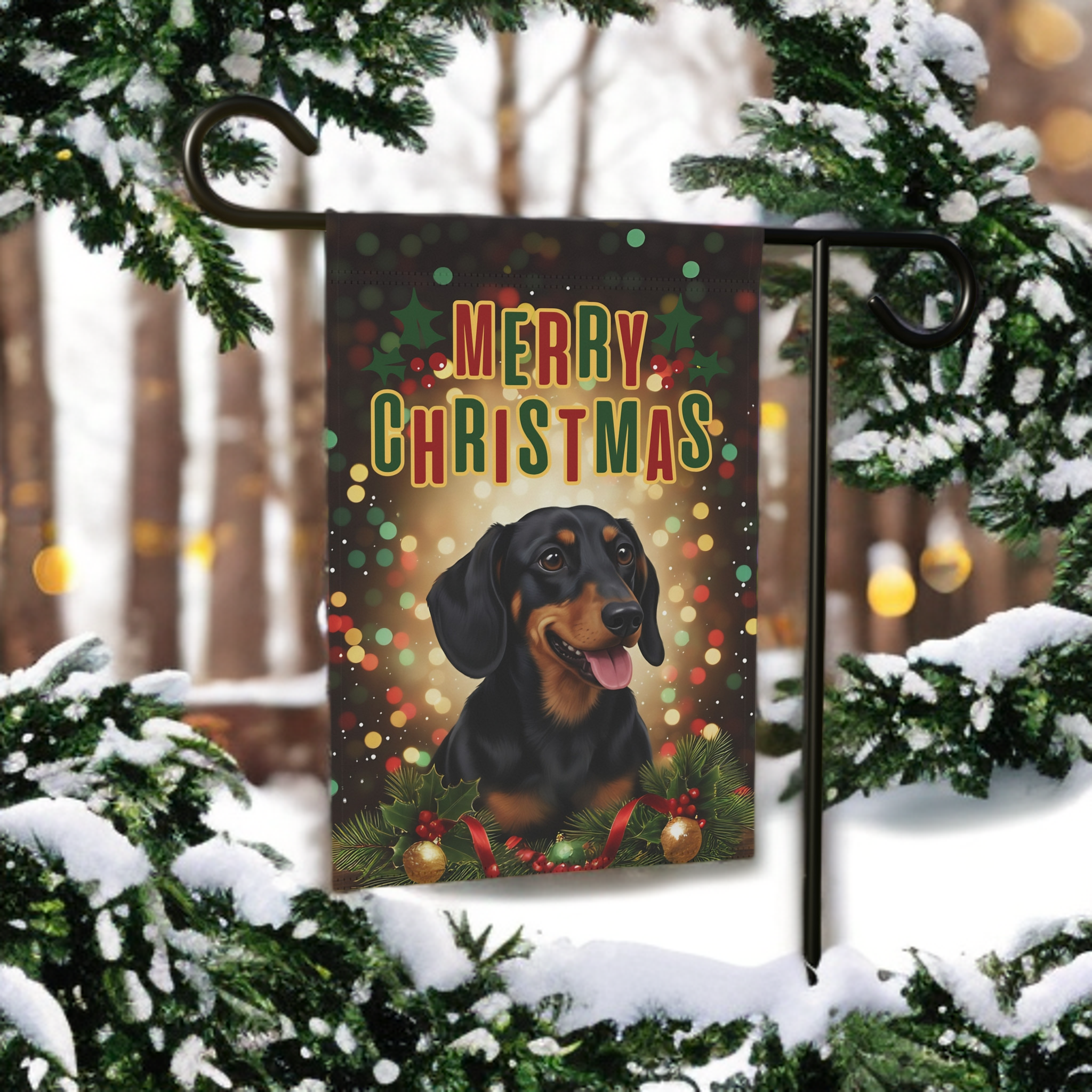 Christmas Dachshund Garden Flag - front view - Dragonfire Gardens