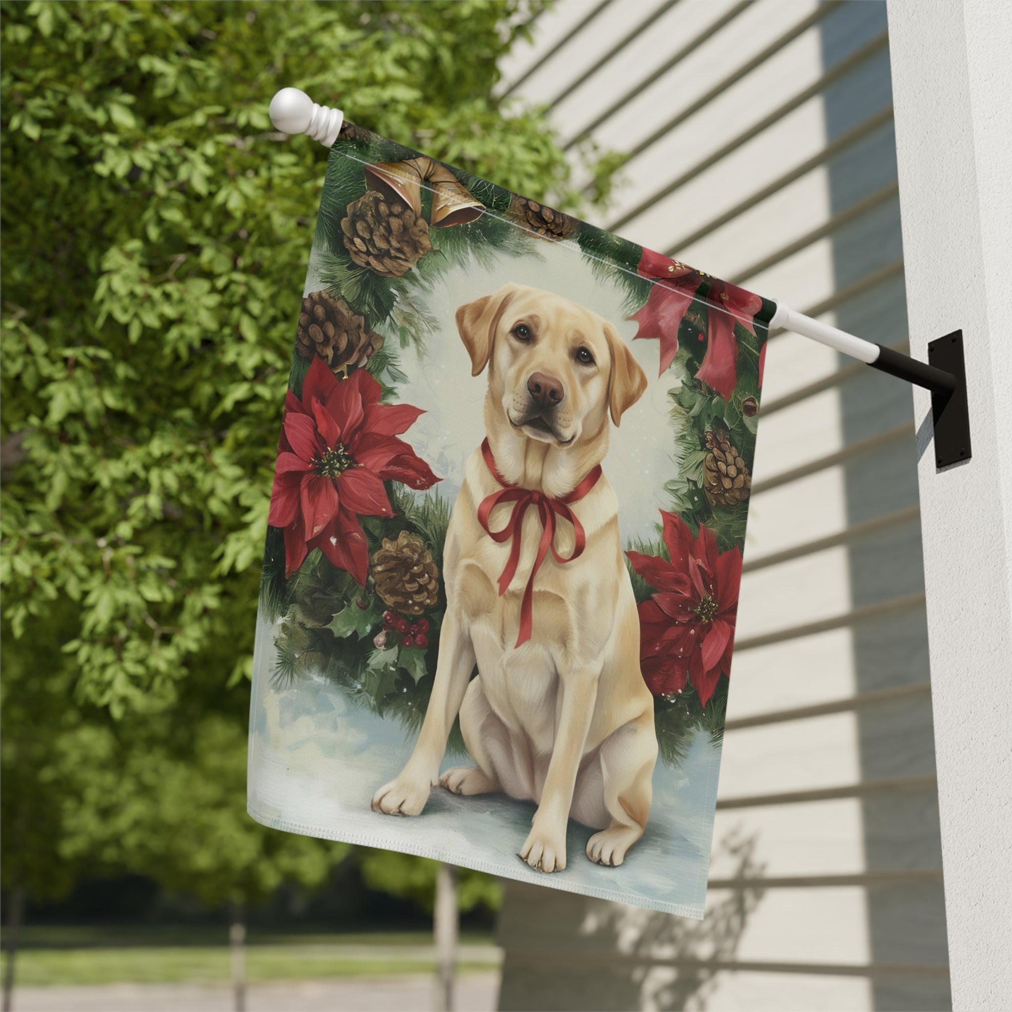 Poinsettia Wreath Yellow Labrador Retriever Christmas Garden Flag - close-up detail - Dragonfire Gardens