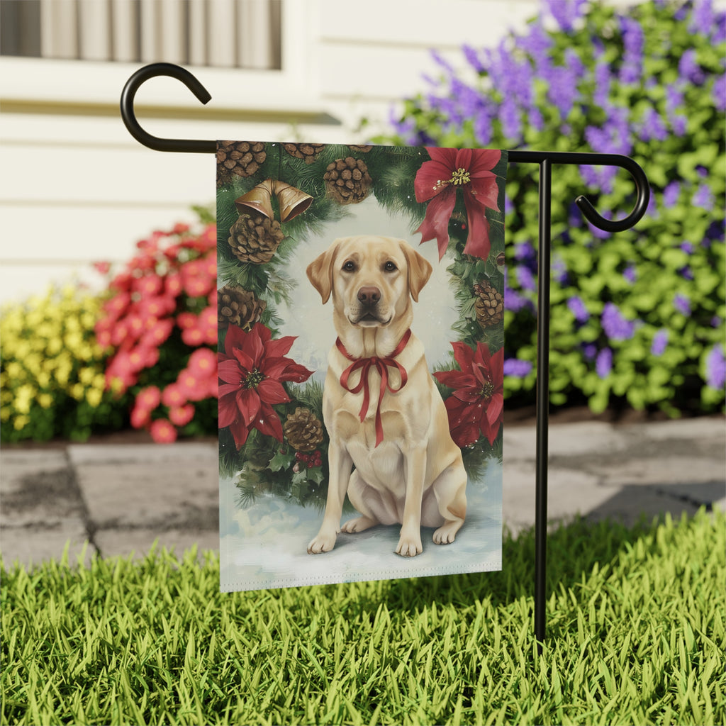 Poinsettia Wreath Yellow Labrador Retriever Christmas Garden Flag - outdoor display - Dragonfire Gardens