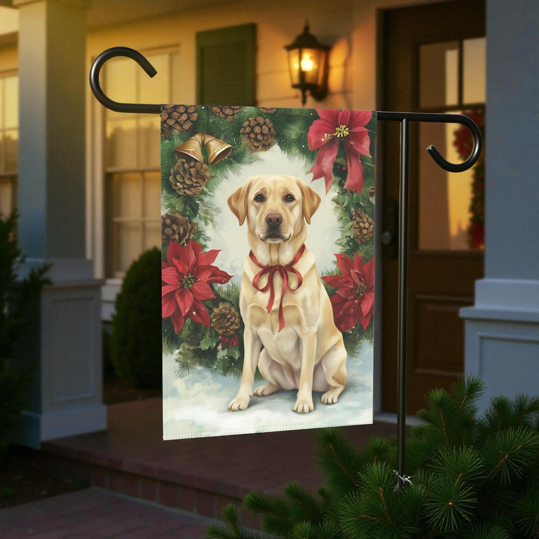 Poinsettia Wreath Yellow Labrador Retriever Christmas Garden Flag - lifestyle display - Dragonfire Gardens
