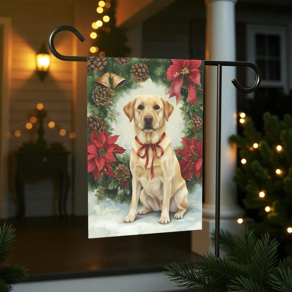 Poinsettia Wreath Yellow Labrador Retriever Christmas Garden Flag - front view - Dragonfire Gardens