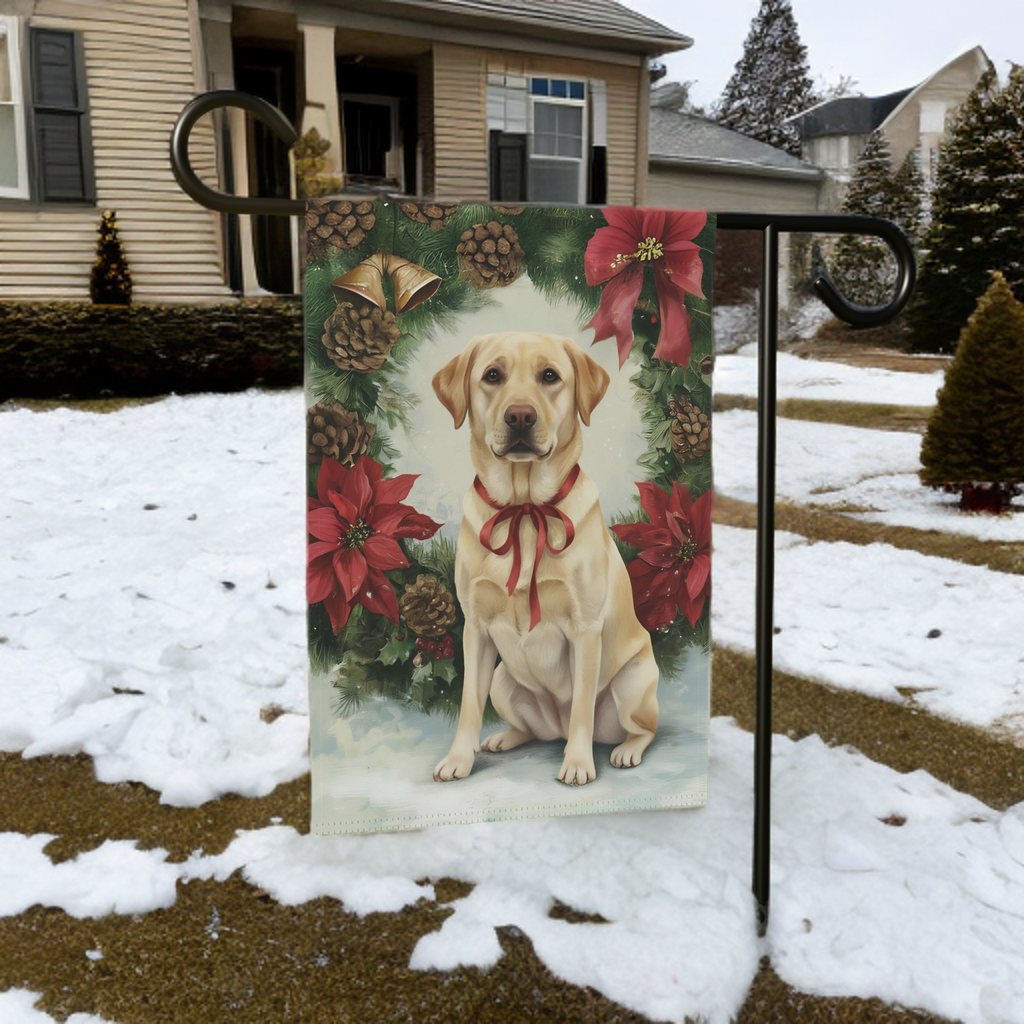 Poinsettia Wreath Yellow Labrador Retriever Christmas Garden Flag - size comparison - Dragonfire Gardens