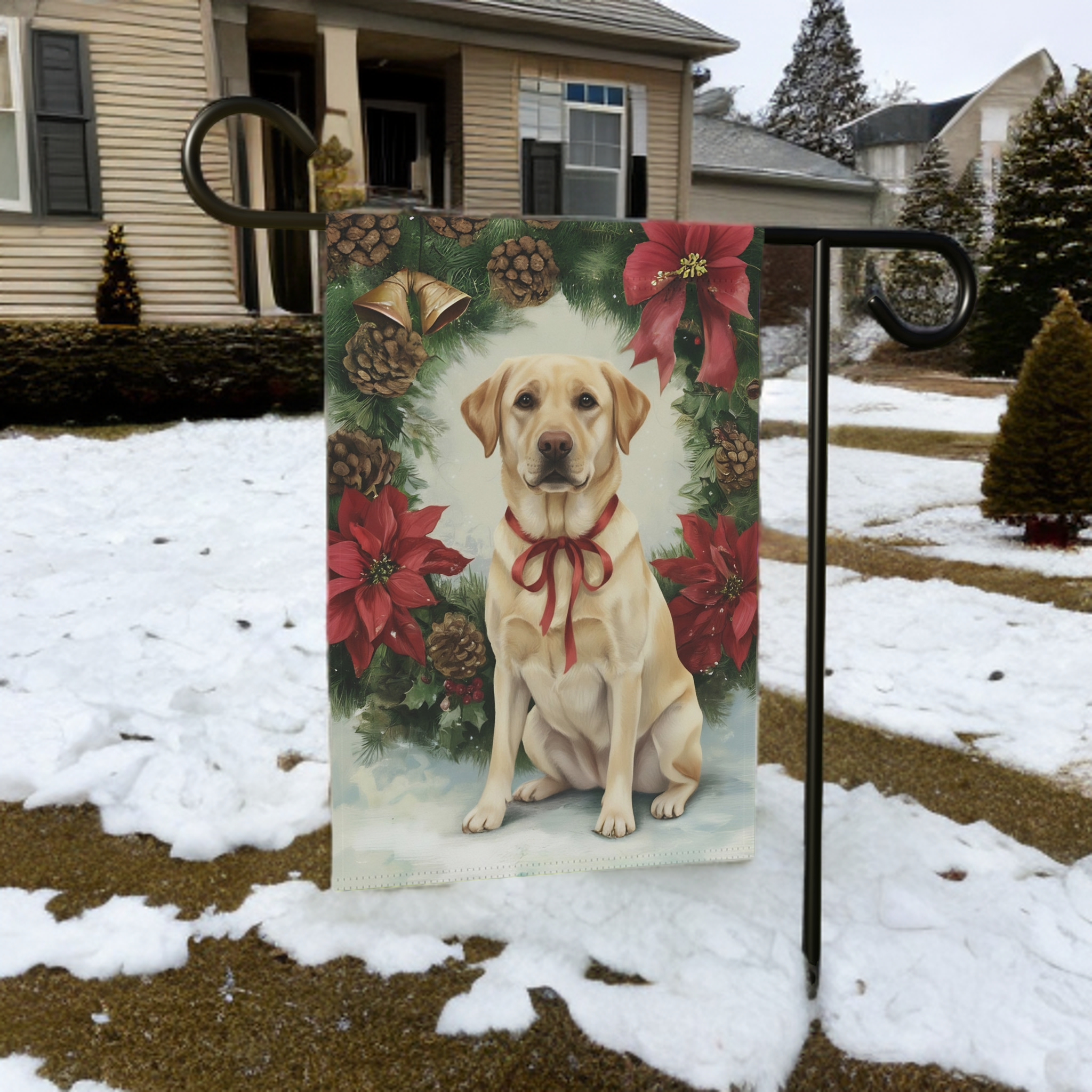 Poinsettia Wreath Yellow Labrador Retriever Christmas Garden Flag - size comparison - Dragonfire Gardens