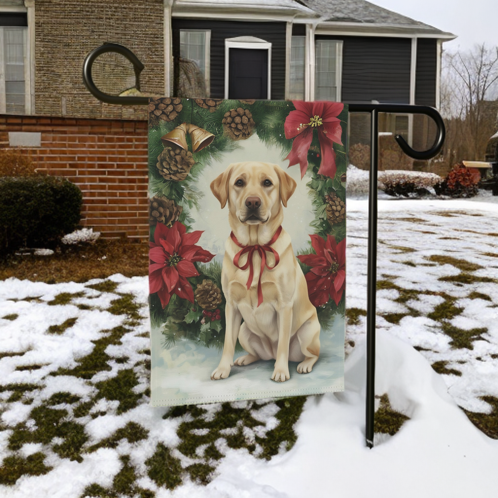 Poinsettia Wreath Yellow Labrador Retriever Christmas Garden Flag - product detail - Dragonfire Gardens