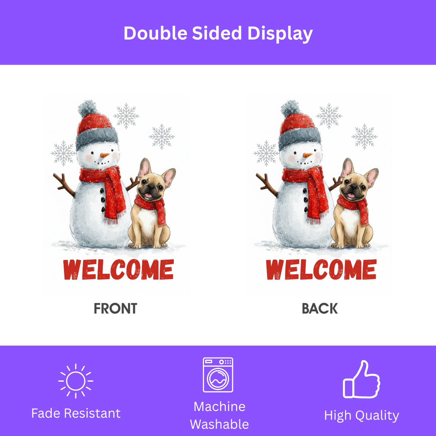 Snowman & French Bulldog Welcome Garden Flag - double-sided design - Dragonfire Gardens