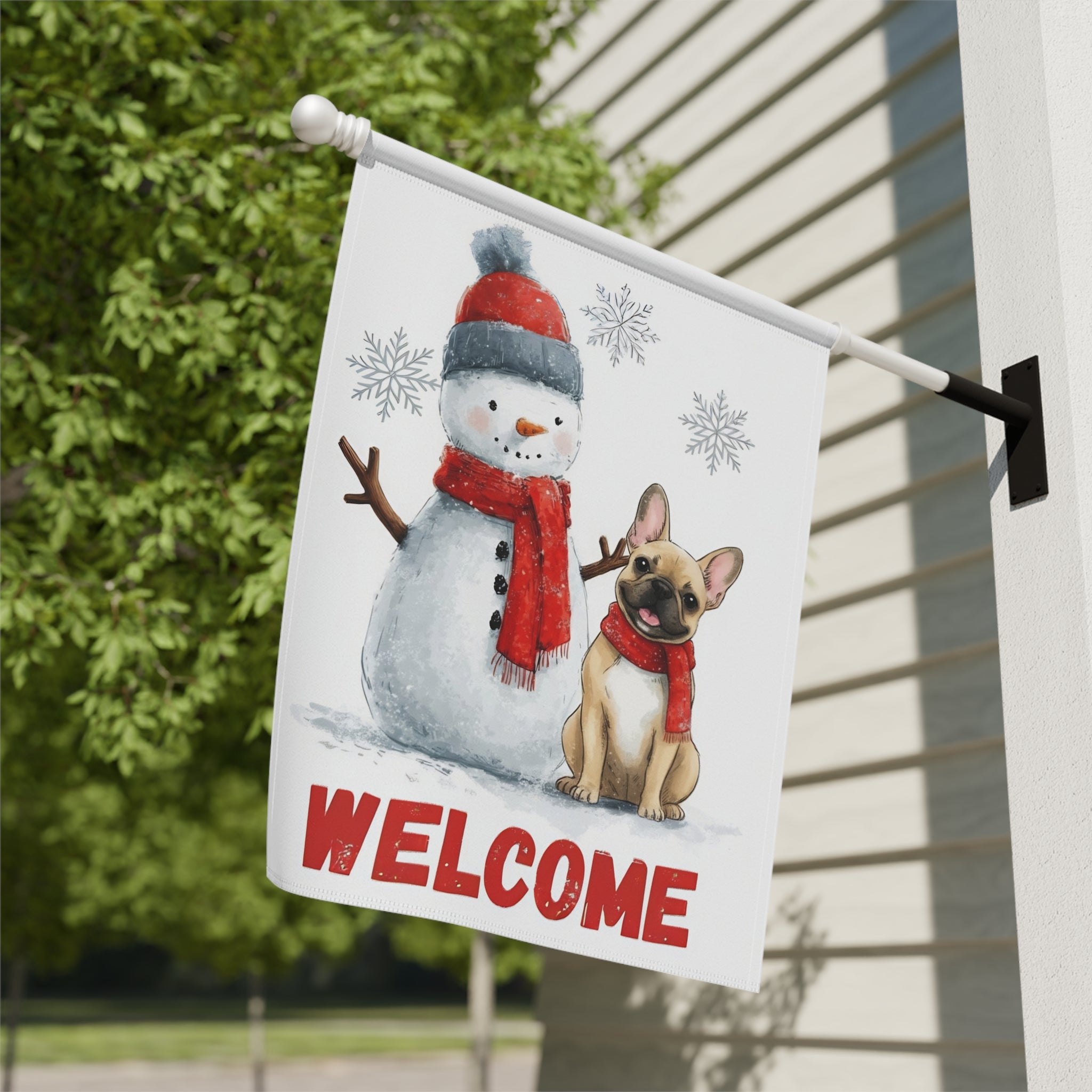 Snowman & French Bulldog Welcome Garden Flag - close-up detail - Dragonfire Gardens