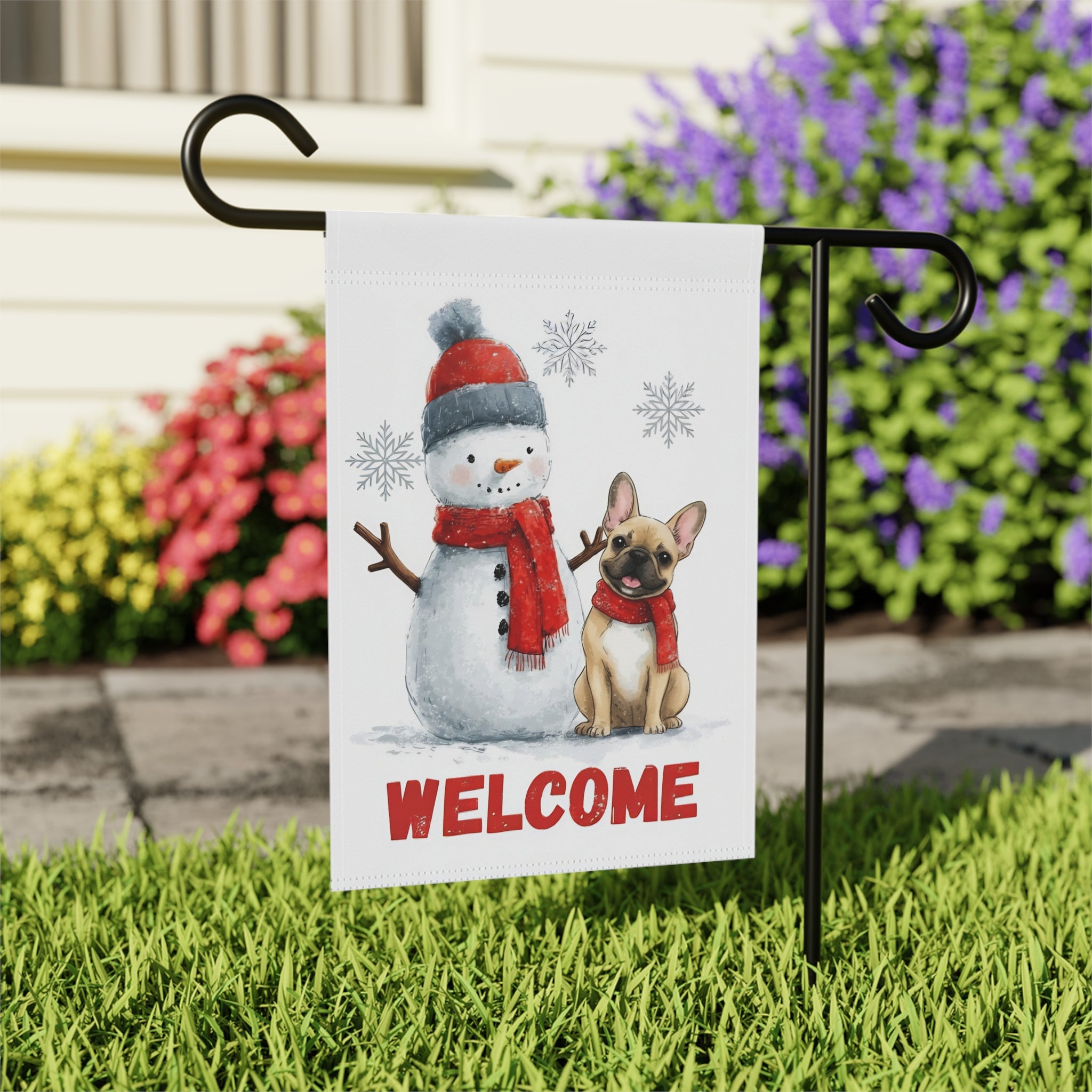 Snowman & French Bulldog Welcome Garden Flag - outdoor display - Dragonfire Gardens