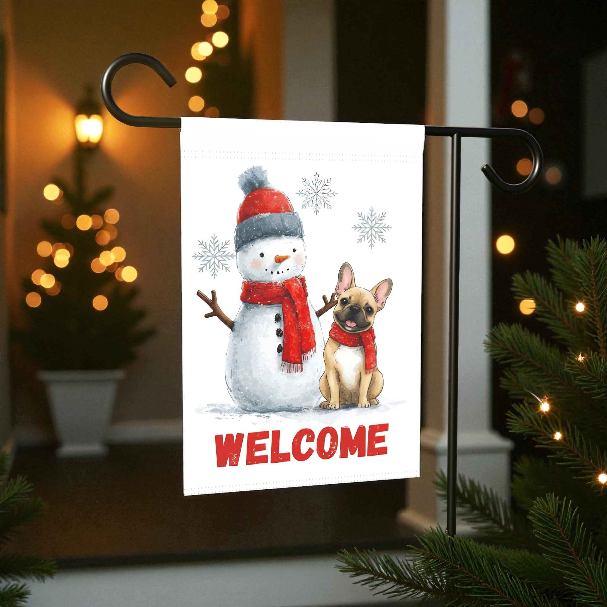 Snowman & French Bulldog Welcome Garden Flag - front view - Dragonfire Gardens