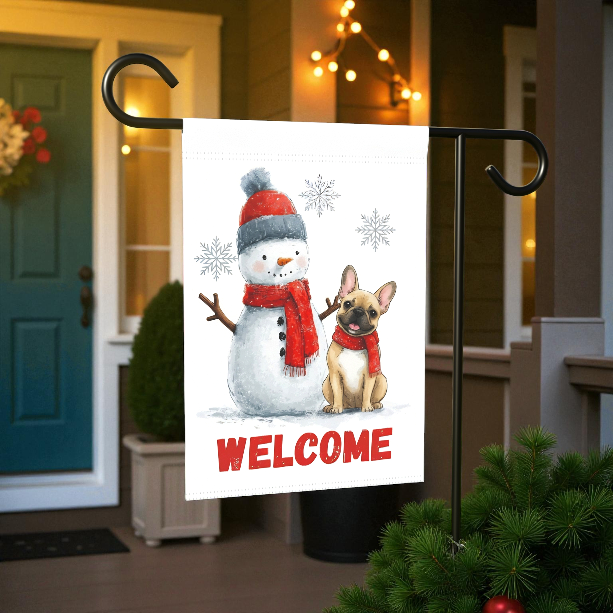 Snowman & French Bulldog Welcome Garden Flag - size comparison - Dragonfire Gardens