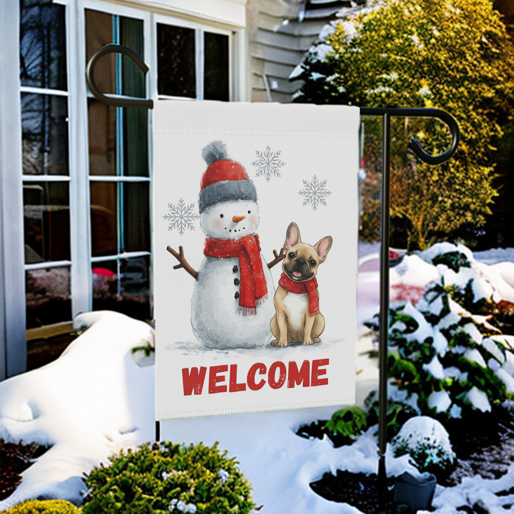 Snowman & French Bulldog Welcome Garden Flag - lifestyle display - Dragonfire Gardens
