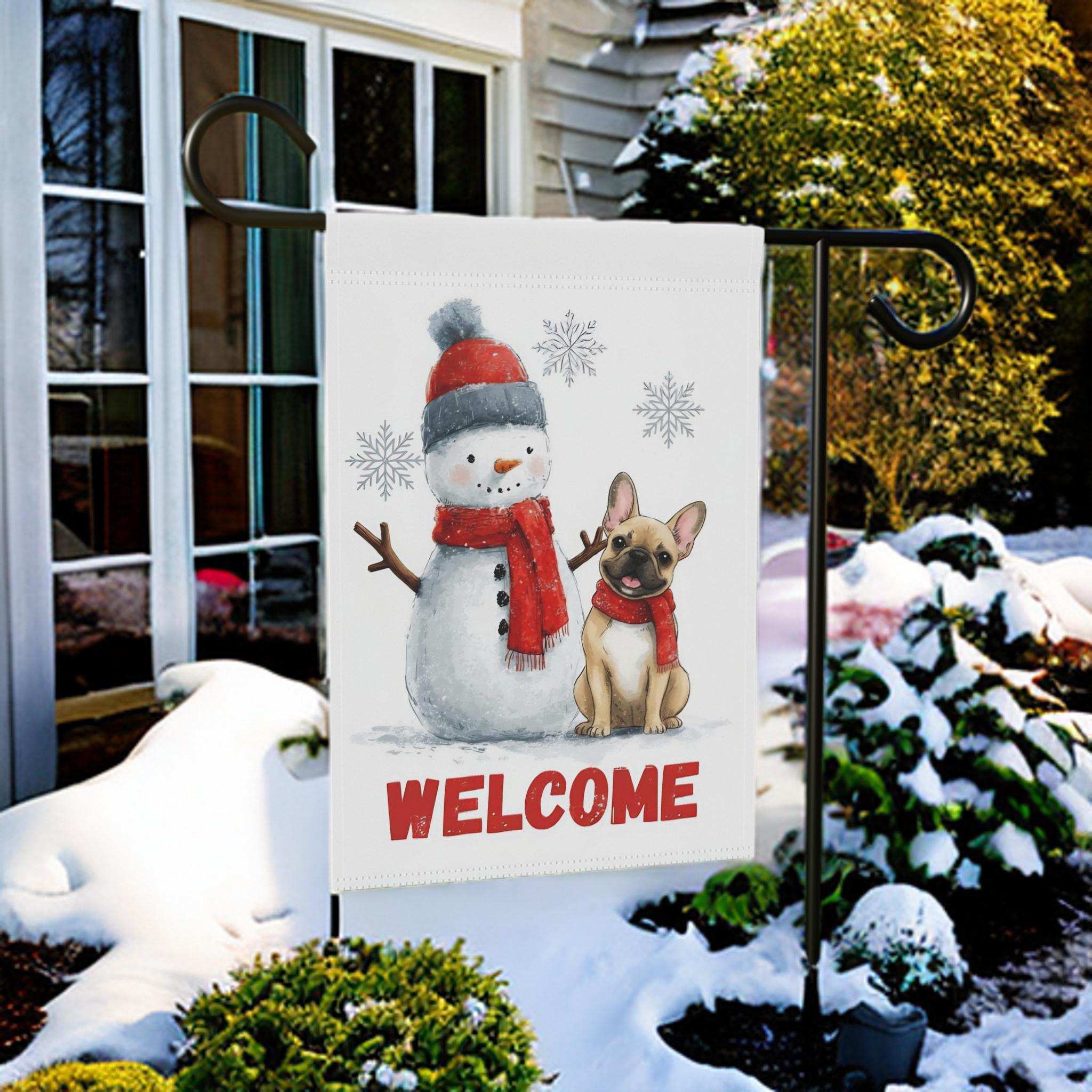 Snowman & French Bulldog Welcome Garden Flag - lifestyle display - Dragonfire Gardens