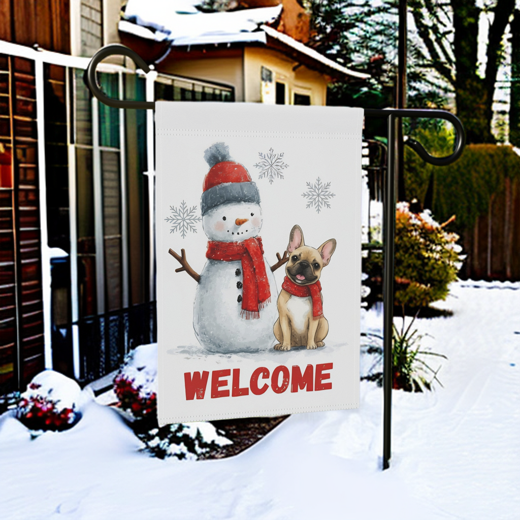 Snowman & French Bulldog Welcome Garden Flag - product detail - Dragonfire Gardens