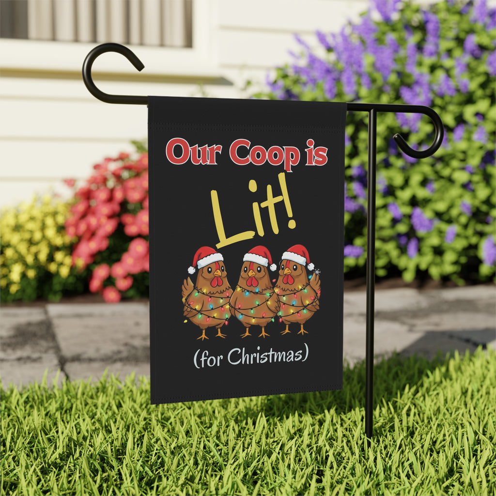 Our Coop Is Lit Christmas Chicken Garden Flag - outdoor display - Dragonfire Gardens