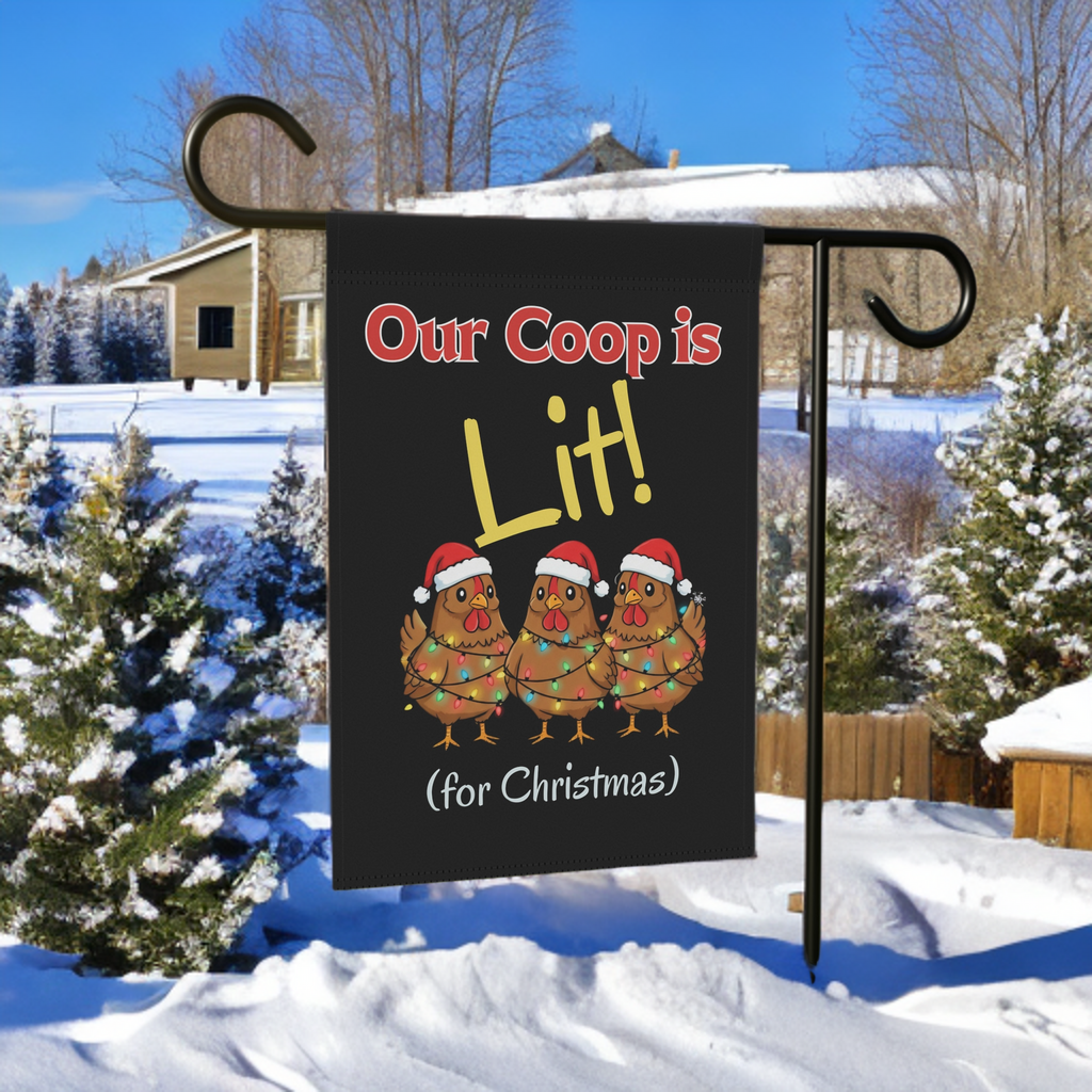 Our Coop Is Lit Christmas Chicken Garden Flag - product detail - Dragonfire Gardens