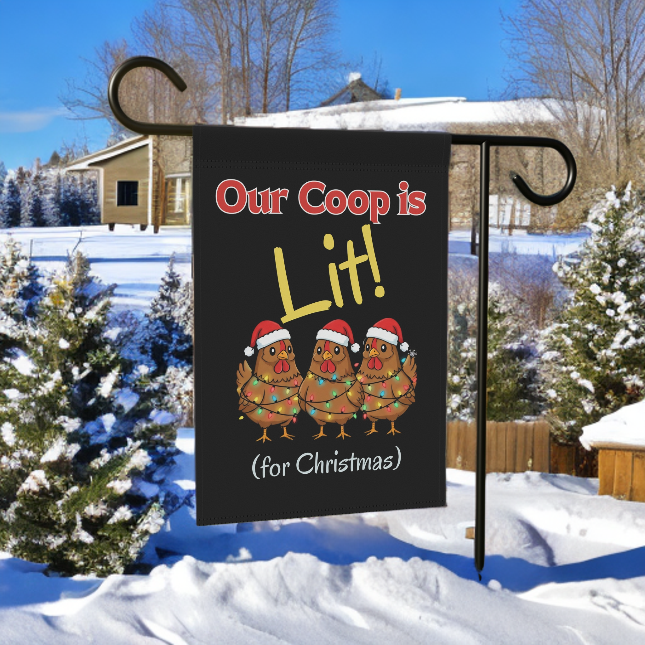Our Coop Is Lit Christmas Chicken Garden Flag - product detail - Dragonfire Gardens