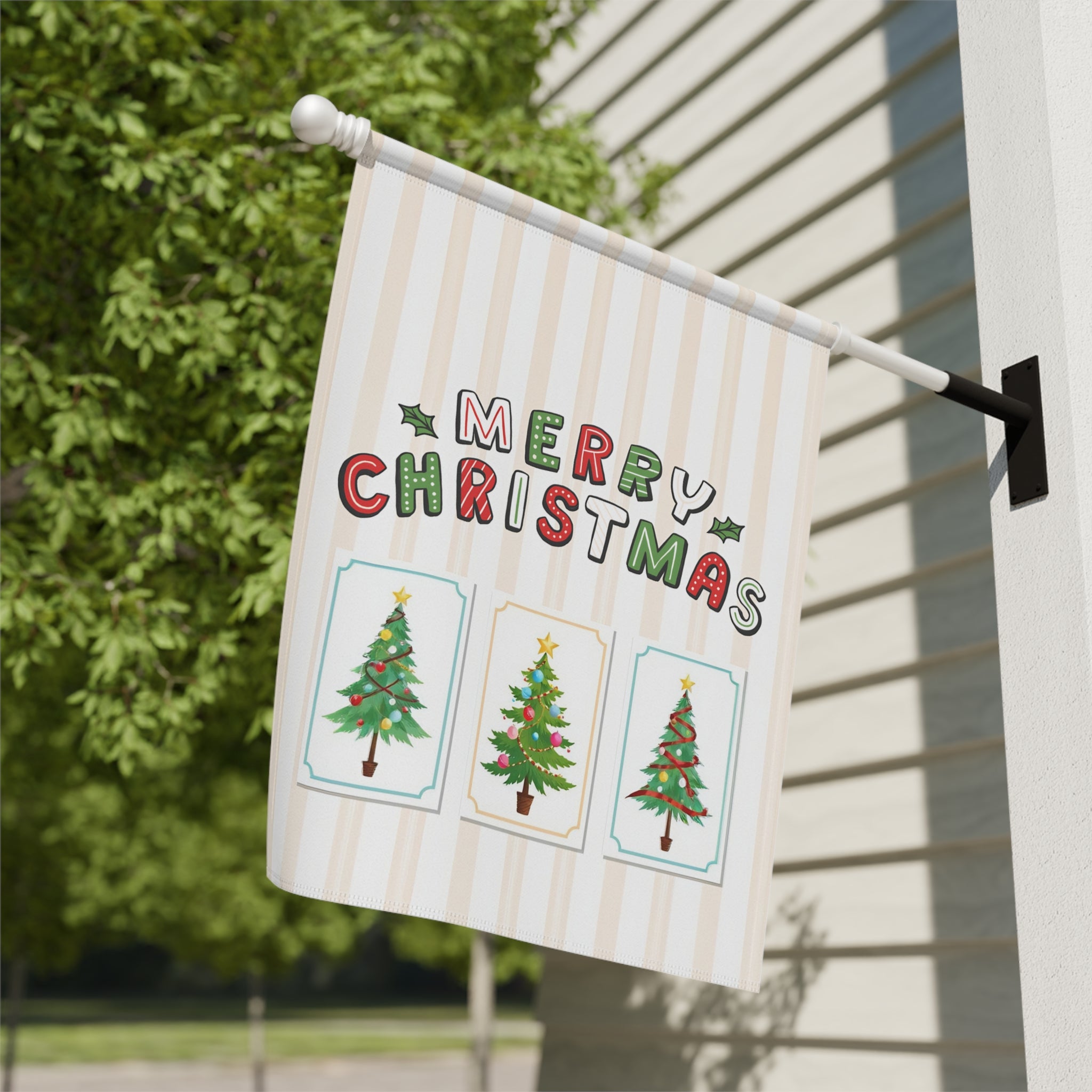 Christmas Tree and Stripes Garden Flag - close-up detail - Dragonfire Gardens