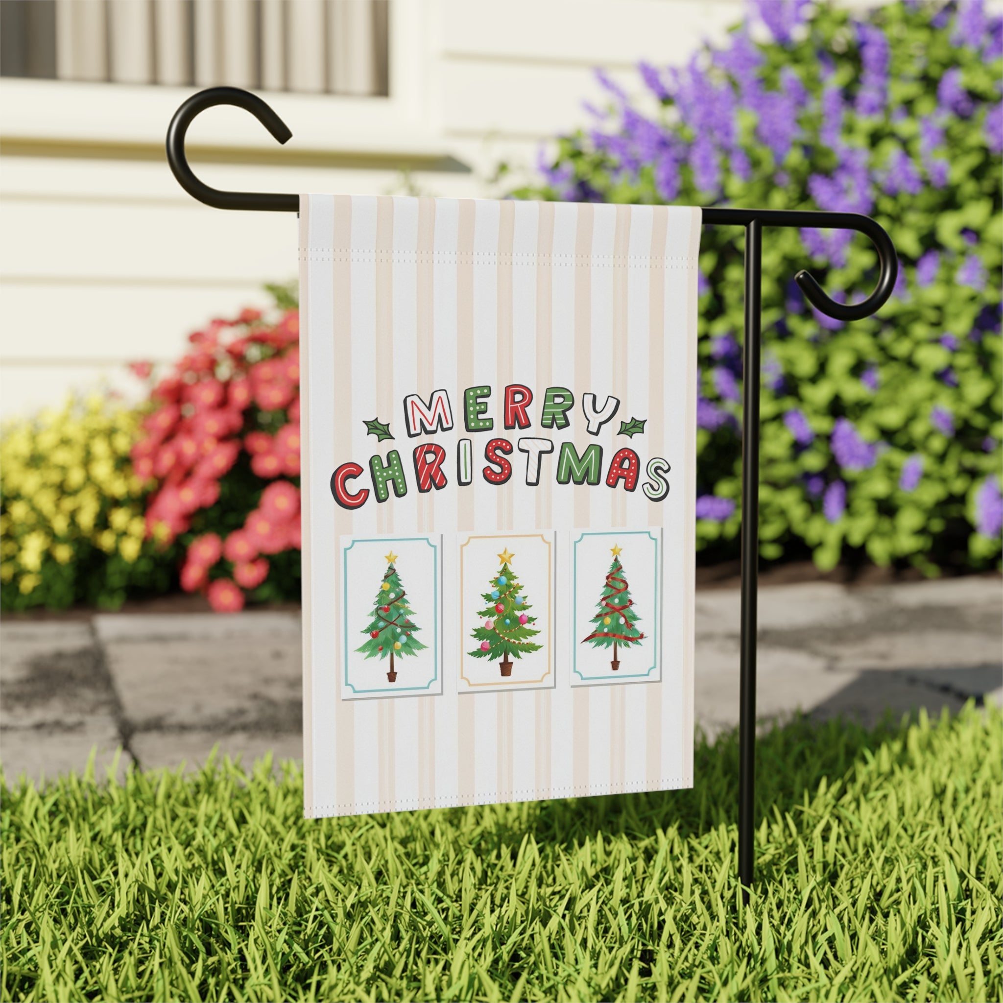 Christmas Tree and Stripes Garden Flag - outdoor display - Dragonfire Gardens