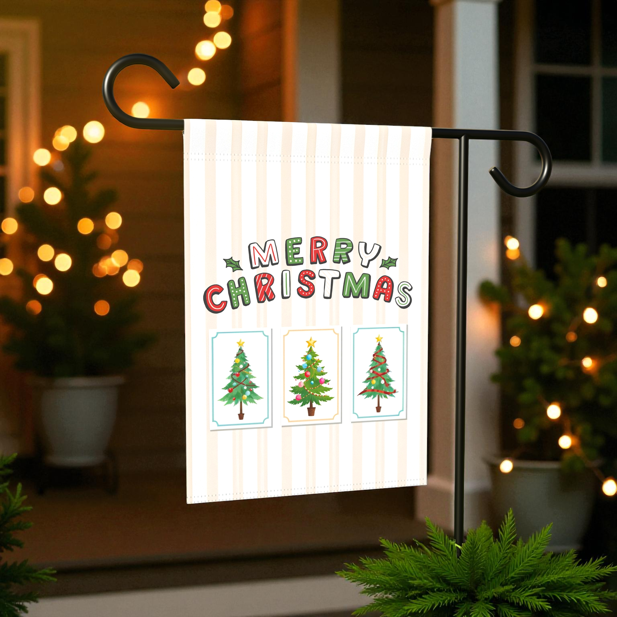 Christmas Tree and Stripes Garden Flag - front view - Dragonfire Gardens